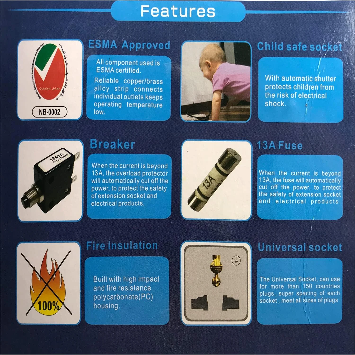 سیم سیار برق نارکن سری E، 4 پریز، سیم 10 متری، محافظ فیوز 13 آمپر با کلید تک پل مجزا و چراغ نشانگر، حداکثر 13 آمپر، 3250 وات، AC 250 ولت