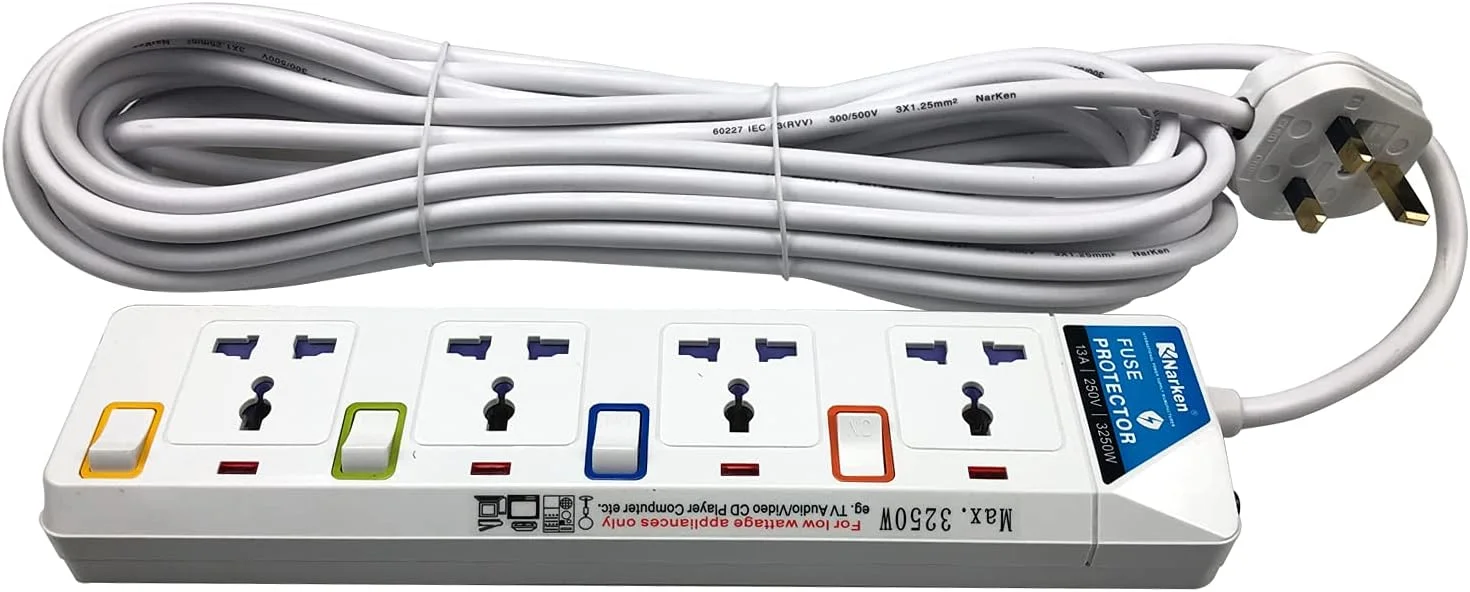 سیم سیار برق نارکن سری E، 4 پریز، سیم 10 متری، محافظ فیوز 13 آمپر با کلید تک پل مجزا و چراغ نشانگر، حداکثر 13 آمپر، 3250 وات، AC 250 ولت