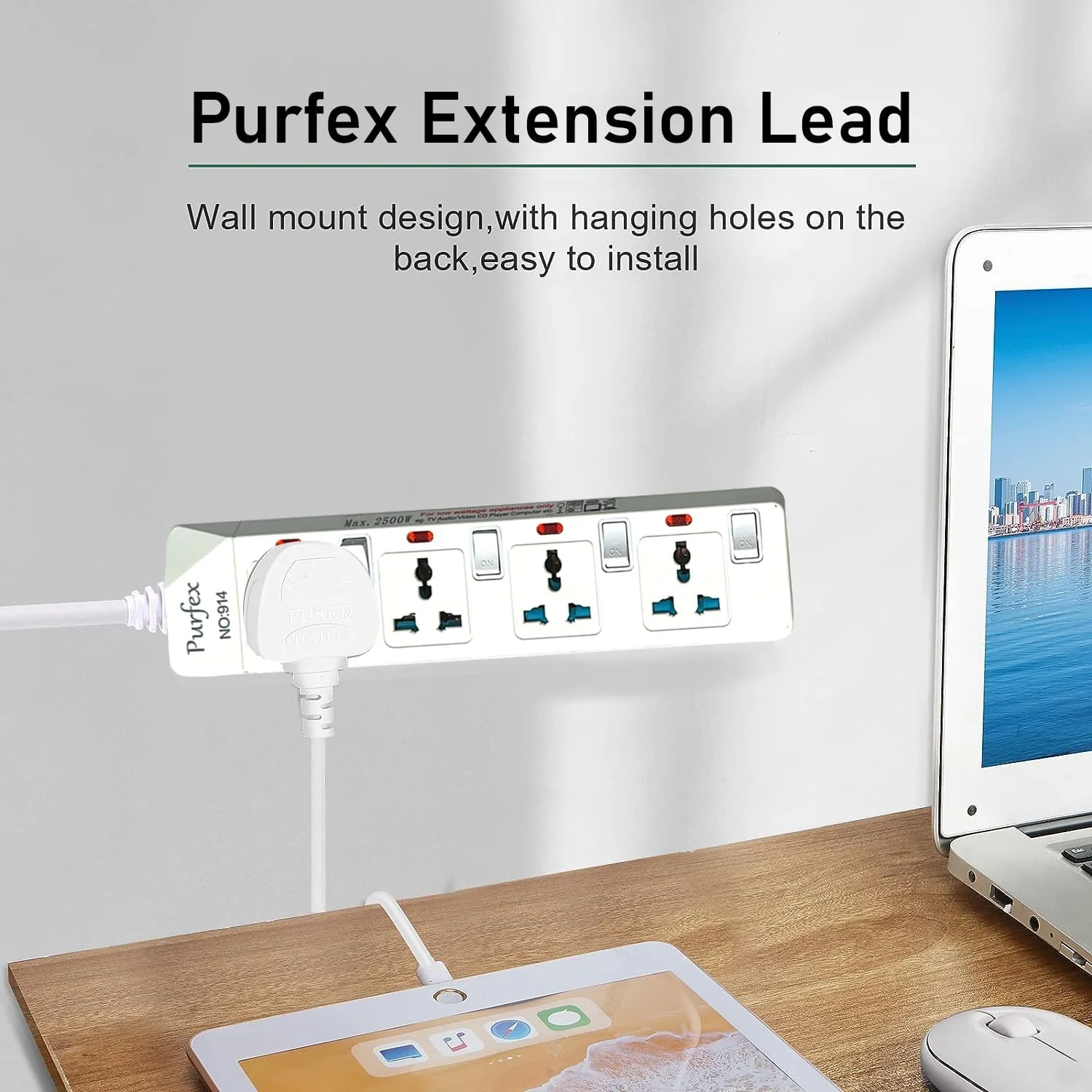 سیم رابط برق Purfex | سوکت و کابل یونیورسال 3 متری، سیم رابط برق سنگین | آداپتور دوشاخه با 4 خروجی، محافظ برق مقاوم در برابر آتش برای خانه و محل کار