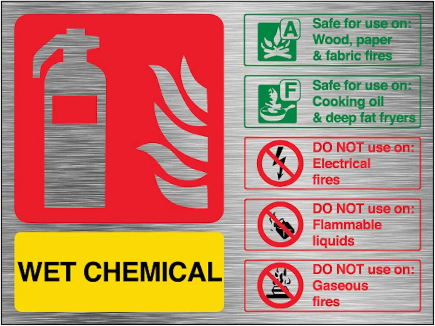 تابلو ایمنی خاموش کننده شیمیایی مرطوب V - منظره 200 x 150 میلی متر - پلاستیک سخت با جلوه آلومینیومی 1.6 میلی متری