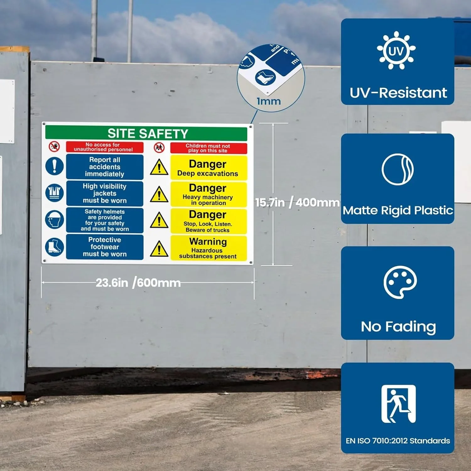 تابلوهای ایمنی سایت برای مناطق ساختمانی - 600mm x 400mm - تابلوهای بهداشت و ایمنی، علائم هشدار دهنده با دستورالعمل های واضح - پلاستیک سخت PVC 1mm، روکش مات، 4 سوراخ از پیش تعیین شده و پدهای چسبی