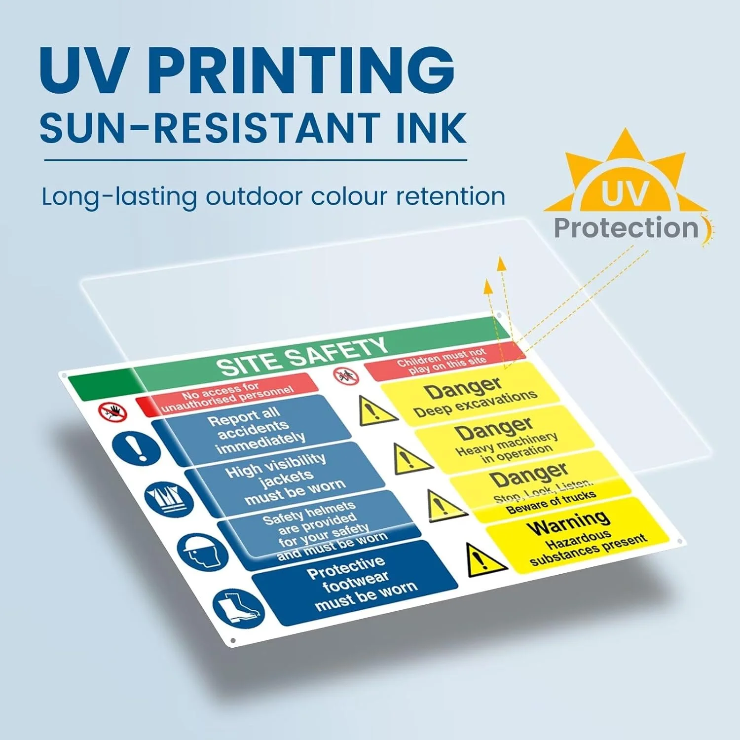 تابلوهای ایمنی سایت برای مناطق ساختمانی - 600mm x 400mm - تابلوهای بهداشت و ایمنی، علائم هشدار دهنده با دستورالعمل های واضح - پلاستیک سخت PVC 1mm، روکش مات، 4 سوراخ از پیش تعیین شده و پدهای چسبی
