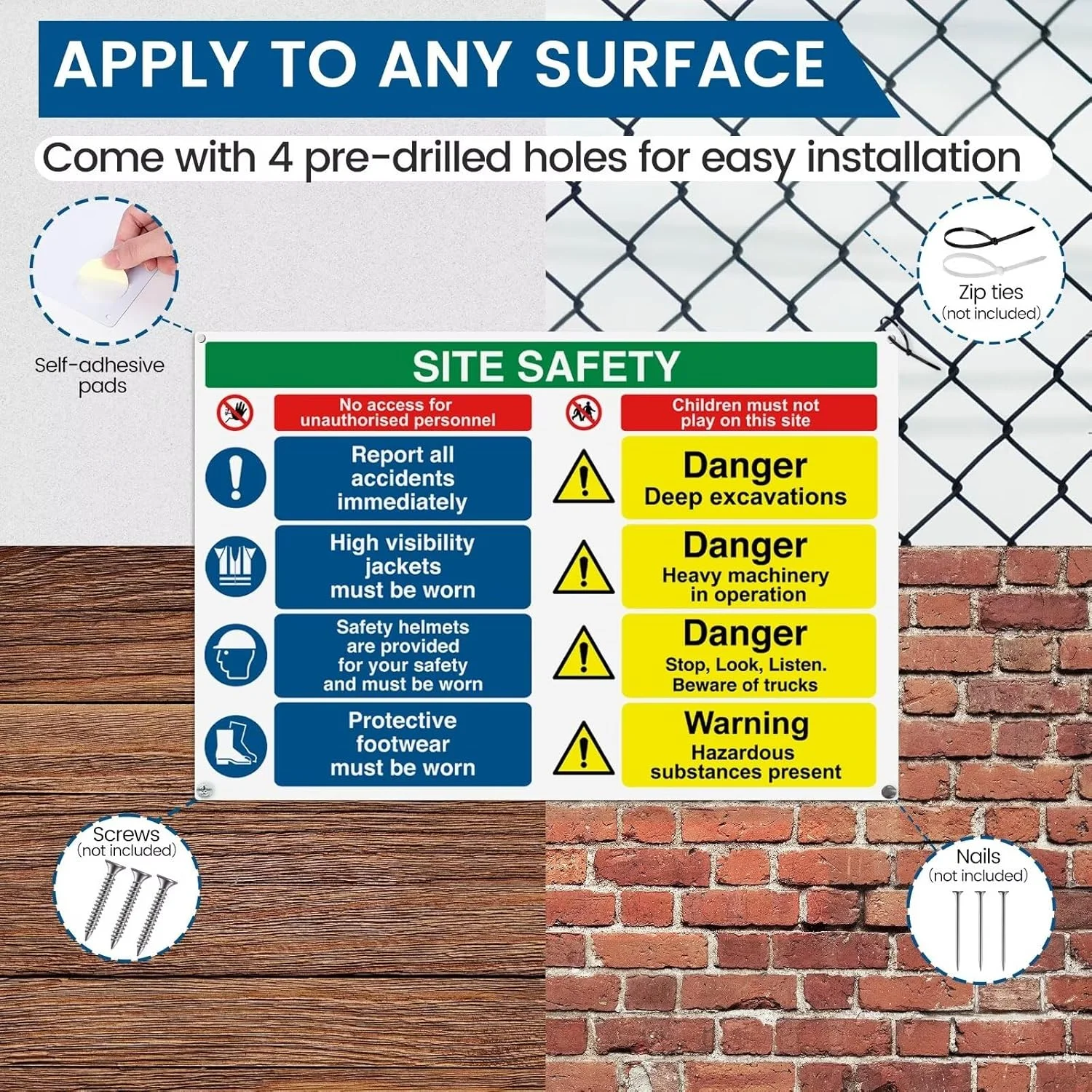 تابلوهای ایمنی سایت برای مناطق ساختمانی - 600mm x 400mm - تابلوهای بهداشت و ایمنی، علائم هشدار دهنده با دستورالعمل های واضح - پلاستیک سخت PVC 1mm، روکش مات، 4 سوراخ از پیش تعیین شده و پدهای چسبی