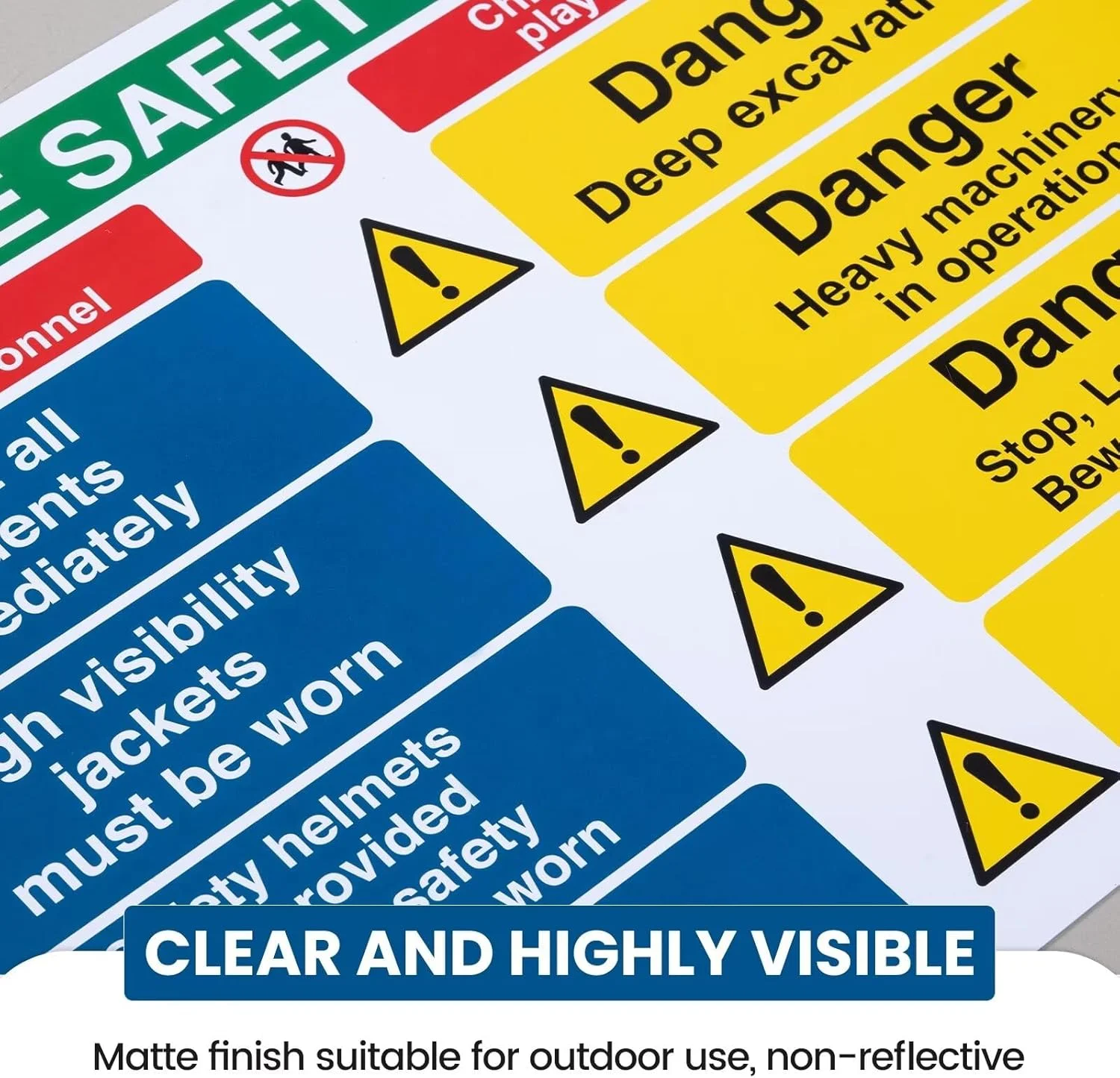 تابلوهای ایمنی سایت برای مناطق ساختمانی - 600mm x 400mm - تابلوهای بهداشت و ایمنی، علائم هشدار دهنده با دستورالعمل های واضح - پلاستیک سخت PVC 1mm، روکش مات، 4 سوراخ از پیش تعیین شده و پدهای چسبی