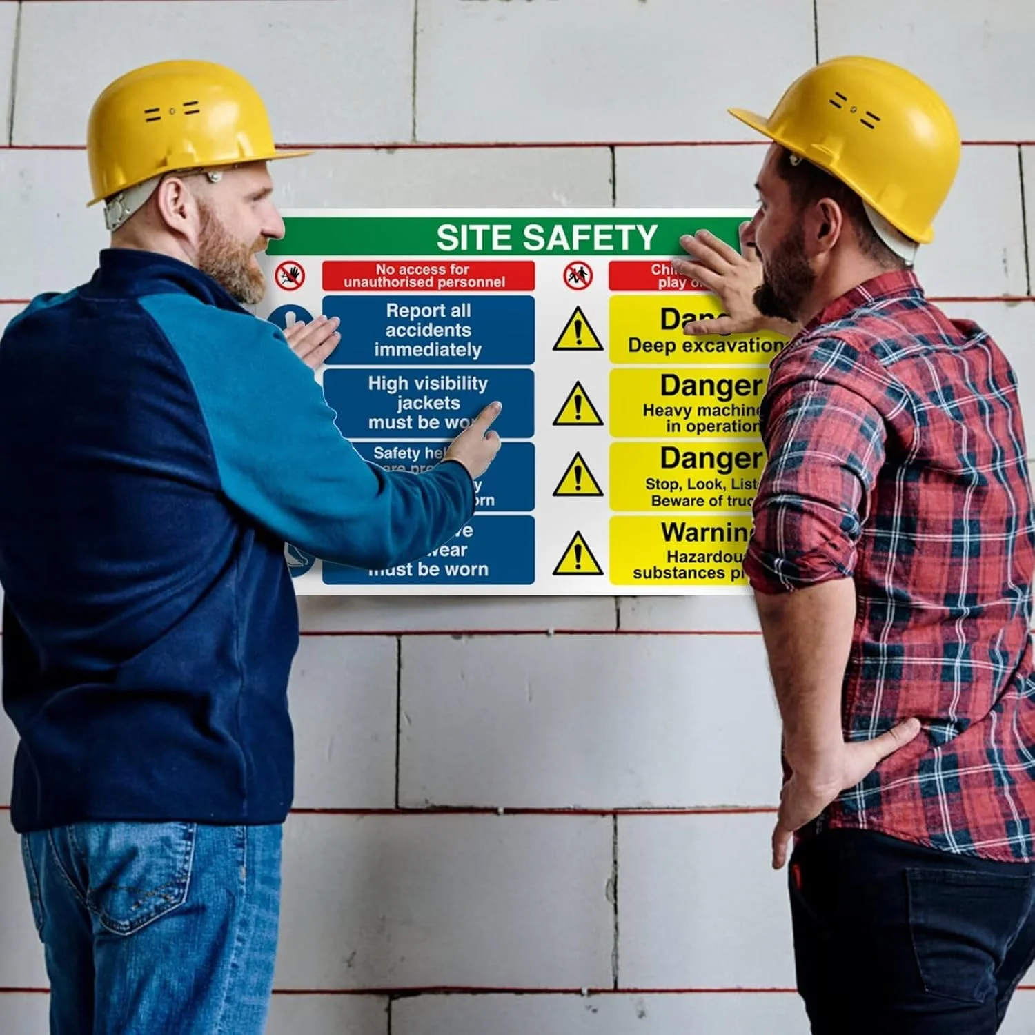 تابلوهای ایمنی سایت برای مناطق ساختمانی - 600mm x 400mm - تابلوهای بهداشت و ایمنی، علائم هشدار دهنده با دستورالعمل های واضح - پلاستیک سخت PVC 1mm، روکش مات، 4 سوراخ از پیش تعیین شده و پدهای چسبی