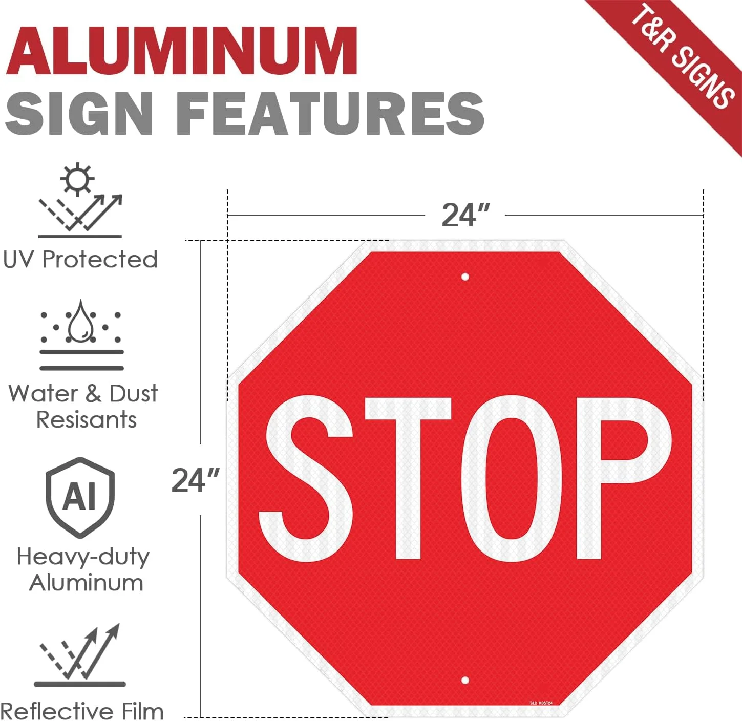 تابلو ایست بزرگ T&R، تابلوی خیابانی و جاده ای، 60x60 سانتی متر. ورق بازتابنده درجه مهندسی، آلومینیوم ضد زنگ، مقاوم در برابر آب و هوا، ضد آب، مقاوم در برابر محو شدن، 2 سوراخ از پیش تعیین شده