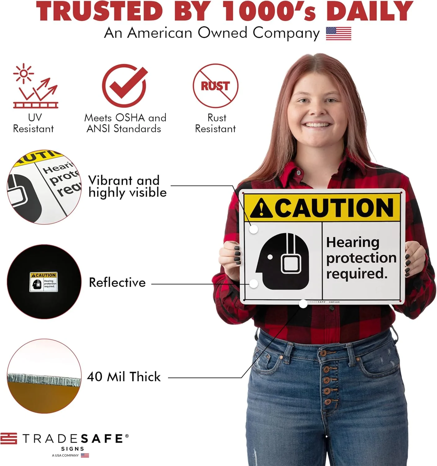 نصب علامت TRADESAFE حفاظت شنوایی مورد نیاز است - علامت احتیاط، علامت ایمنی آلومینیومی با نصب سریع، بازتابنده نور، مقاوم در برابر اشعه ماوراء بنفش، ضد آب، 35.5 در 25.4 سانتی متر، علائم ایمنی گوش برای کسب و کار