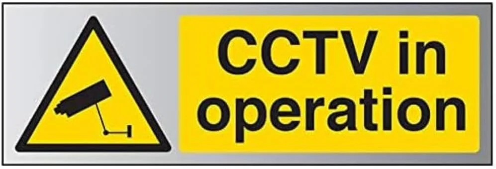 تابلو هشدار ایمنی عمومی - دوربین مدار بسته در حال کار - 300mm x 100mm - چسبی با جلوه آلومینیوم