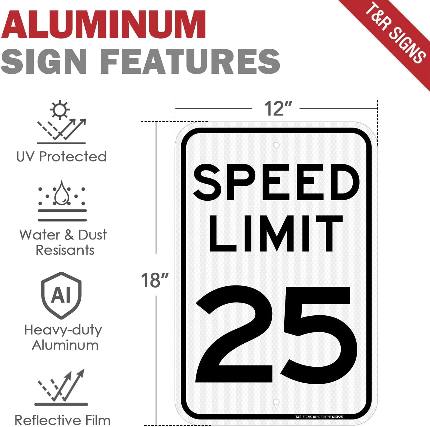 تابلو محدودیت سرعت 25 مایل در ساعت T&R (بسته 2 عددی)، کاهش سرعت، تابلوی ترافیکی، 18" x 12" ورق بازتابنده درجه مهندسی، آلومینیوم ضد زنگ، مقاوم در برابر آب و هوا، ضد آب، مقاوم در برابر محو شدن، 2 سوراخ از پیش حفر شده