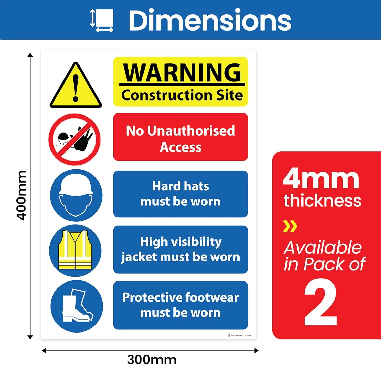 تابلو ایمنی کارگاه RDLCAR، 4 میلی متر سخت، 300 میلی متر در 400 میلی متر - بسته 2 عددی، تابلوی ایمنی کارگاه ساختمانی/ساختمان، تابلوهای ایمنی چند خطری کارگاه، عدم دسترسی غیرمجاز، همه تابلوهای هشدار ایمنی، ایمنی محافظتی