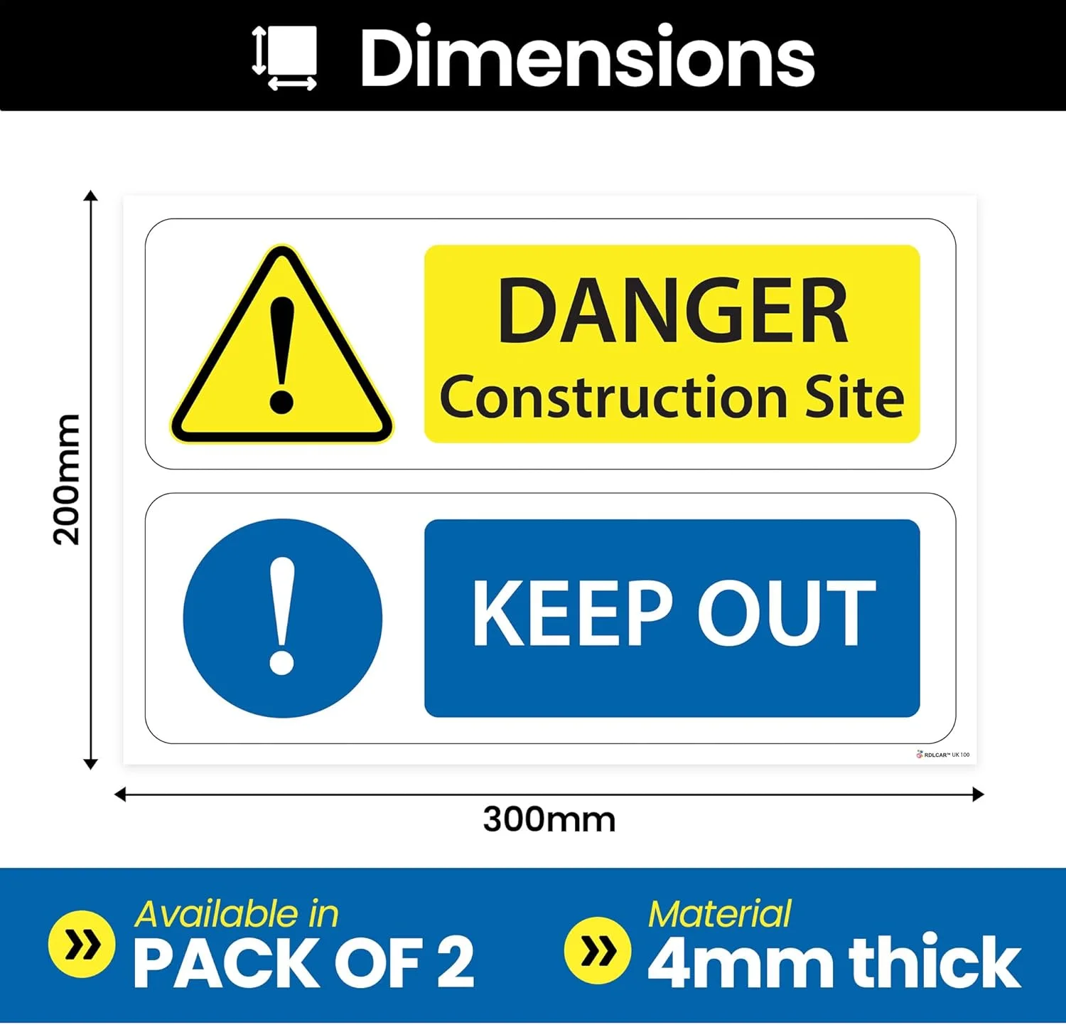 تابلو خطر ورود ممنوع RDLCAR، تابلوهای سایت ساخت و ساز خطرناک، ضخامت 4 میلی متر، تابلوی ایمنی حرفه ای سایت، ایده آل برای حفاظت از خطر، دید بالا 200mm x 300mm