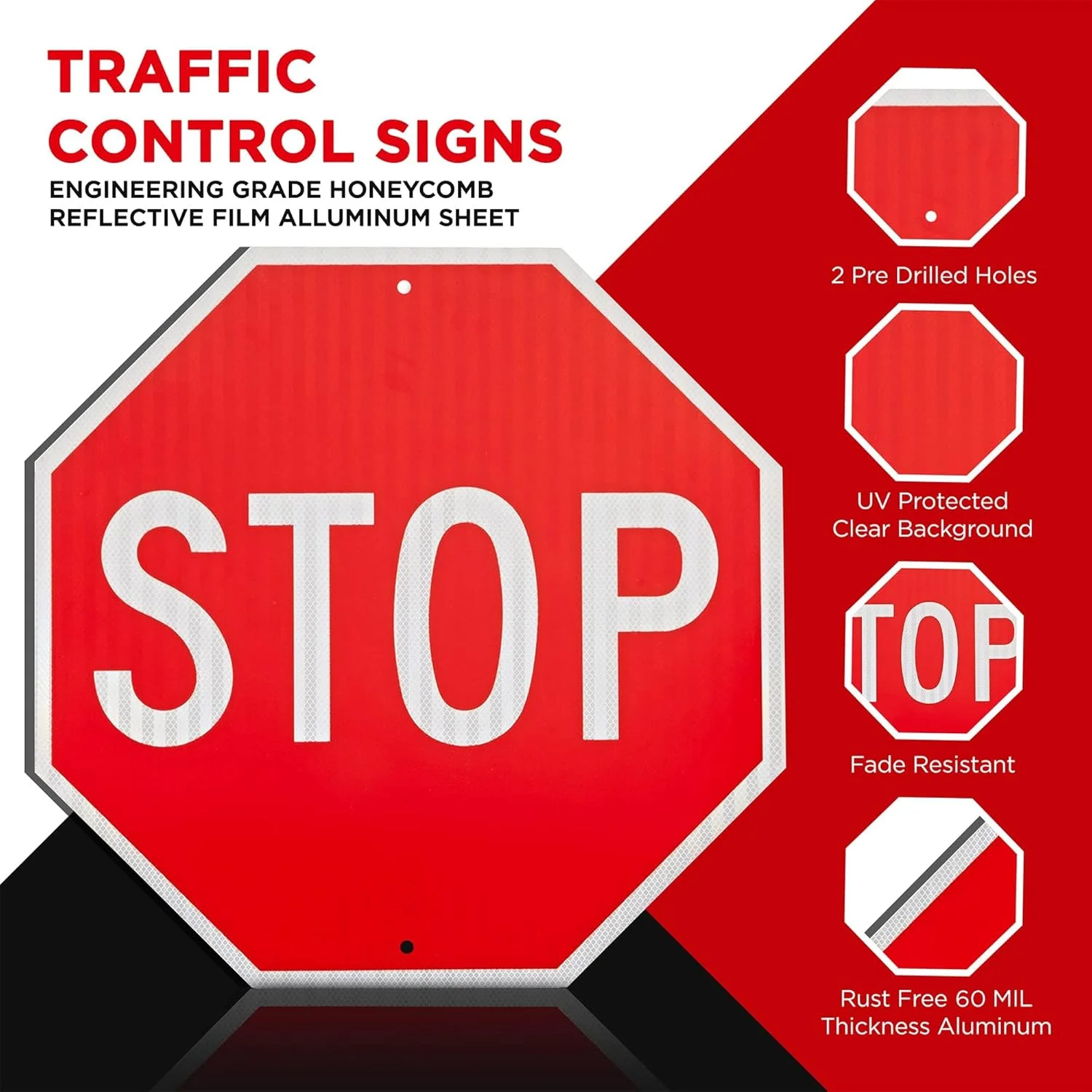 تابلو ایست OLANZU سایز 60x60 سانتی متر - تابلوی ترافیکی فلزی آلومینیومی درجه مهندسی با پوشش UV - تابلوی خیابانی لانه زنبوری بسیار بازتابنده - مقاوم در برابر زنگ زدگی و شرایط آب و هوایی برای کنترل ترافیک و ایمنی