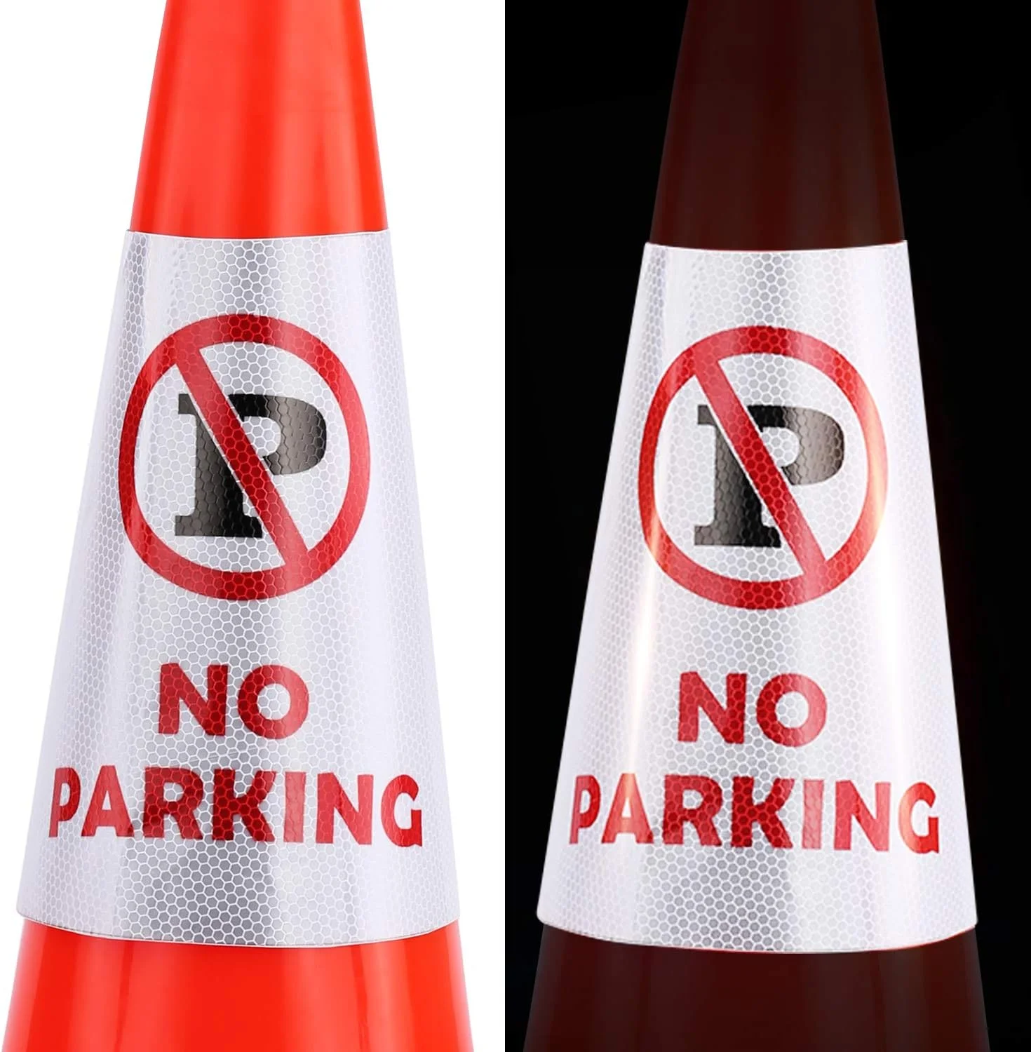 برچسب های بازتابنده یقه ای "پارکینگ ممنوع" BATTIFE بسته 4 عددی برای مخروط های ایمنی ترافیکی، علائم دیدنی بالا 360 درجه برای استفاده در جاده های فضای باز