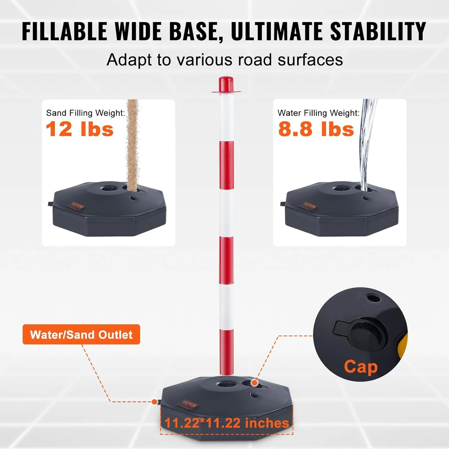 مخروط های جداکننده ترافیک قابل تنظیم VEVOR، بسته 6 عددی، مانع جداکننده ایمنی ترافیک با پایه پر کردنی و زنجیر 2 متری، برای هشدار کنترل ترافیک ساخت و ساز پارکینگ جاده ها، قرمز و سفید