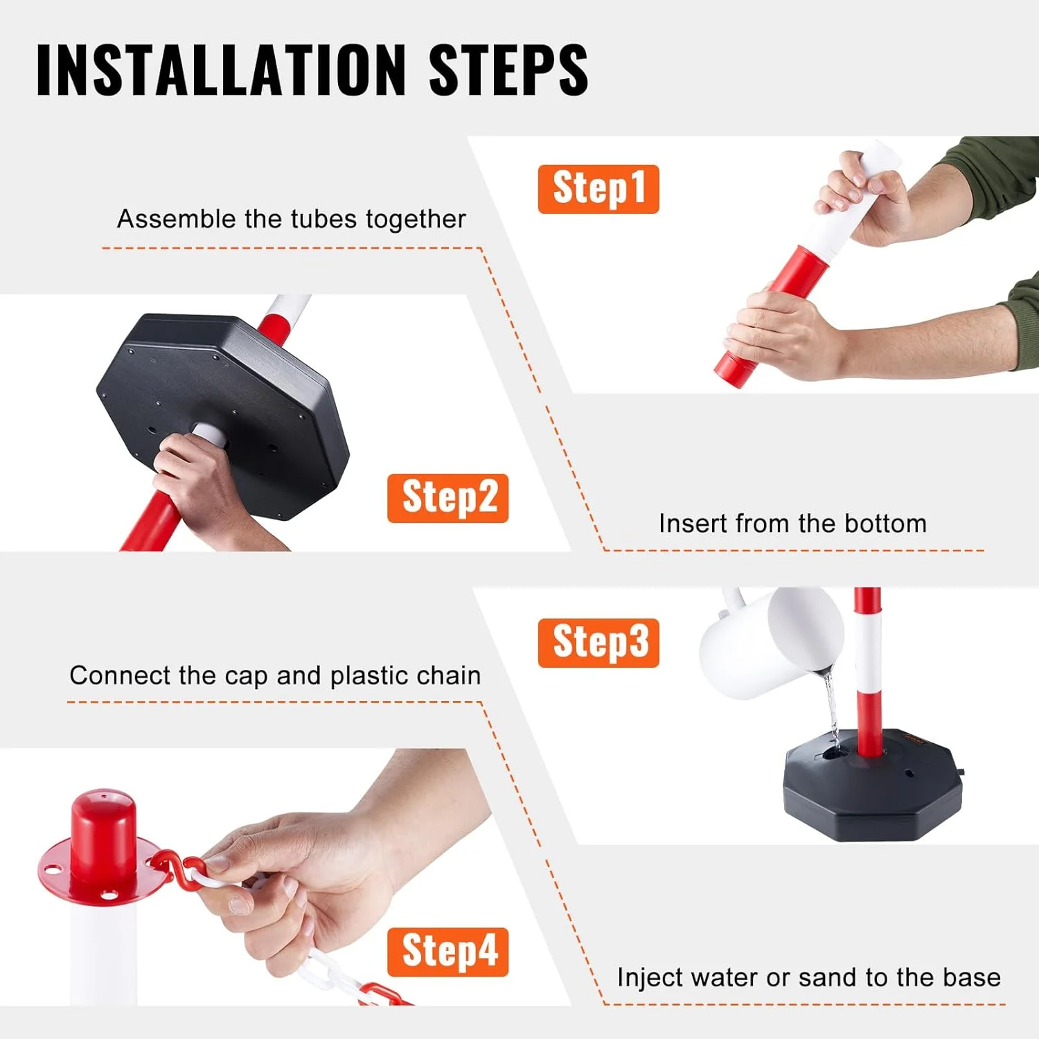 مخروط های جداکننده ترافیک قابل تنظیم VEVOR، بسته 6 عددی، مانع جداکننده ایمنی ترافیک با پایه پر کردنی و زنجیر 2 متری، برای هشدار کنترل ترافیک ساخت و ساز پارکینگ جاده ها، قرمز و سفید