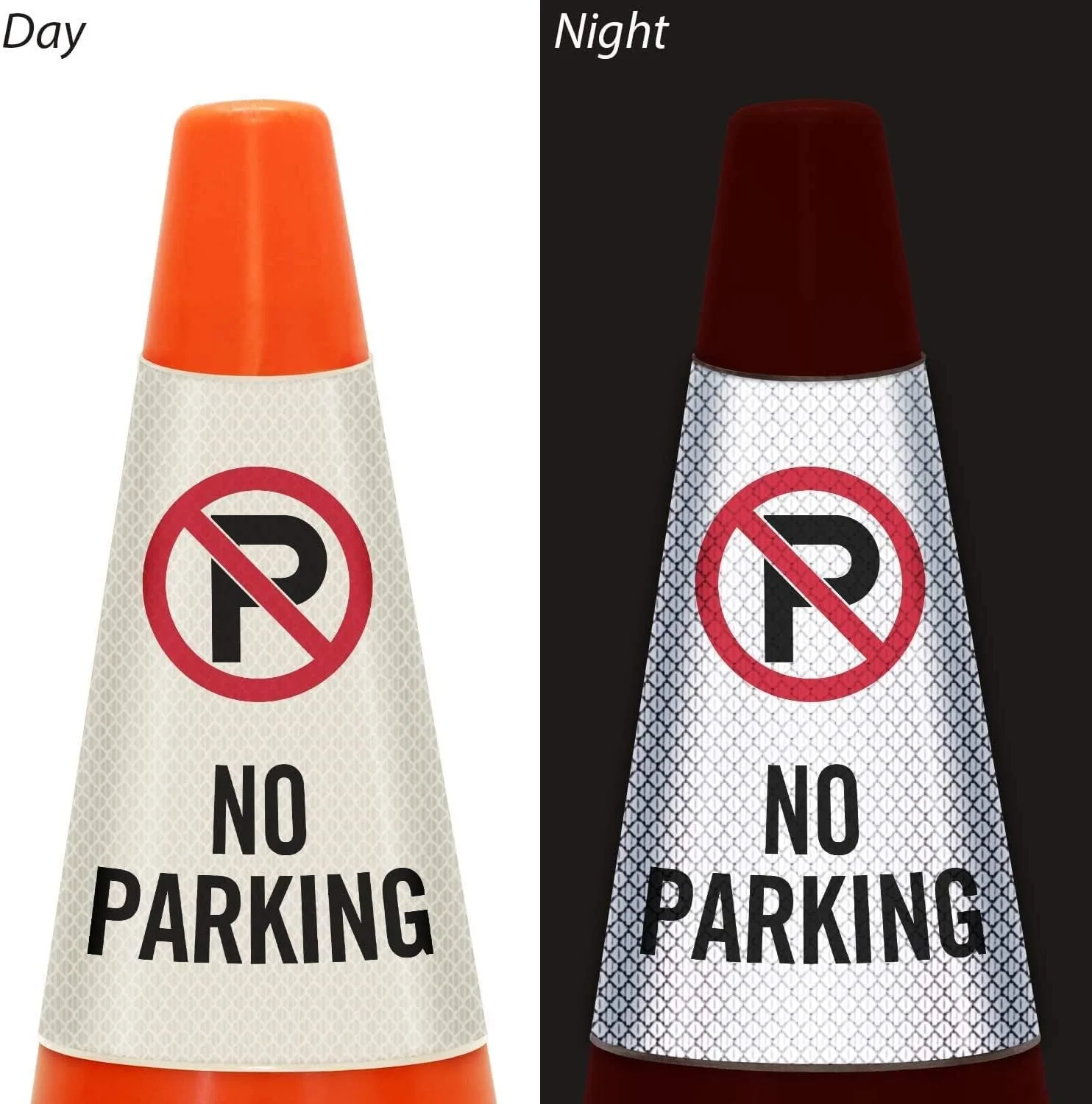 اسلیو یقه ای مخروطی بازتابنده SmartSign با پیام "پارکینگ ممنوع" و نماد، دید 360 درجه، علائم وینیل غیر چسبنده برای مخروط های ایمنی ترافیک، چاپ 3 طرفه (مخروط شامل نمی شود) - بسته 6 عددی