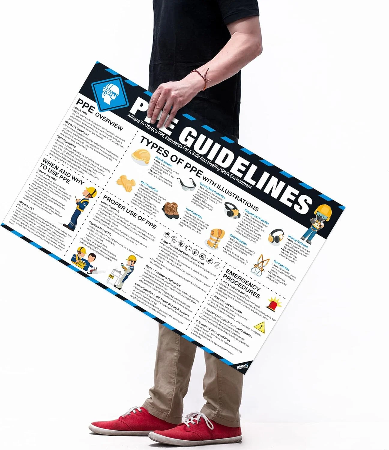 پوستر ایمنی تجهیزات حفاظت فردی (PPE) 45x60 سانتی‌متر، راهنمای تجهیزات حفاظت فردی (PPE) سازگار با OSHA برای محل کار و ساخت و ساز، استفاده از تجهیزات محافظ، علامت ایمنی چشم، گوش و تنفسی مقاوم در برابر پارگی