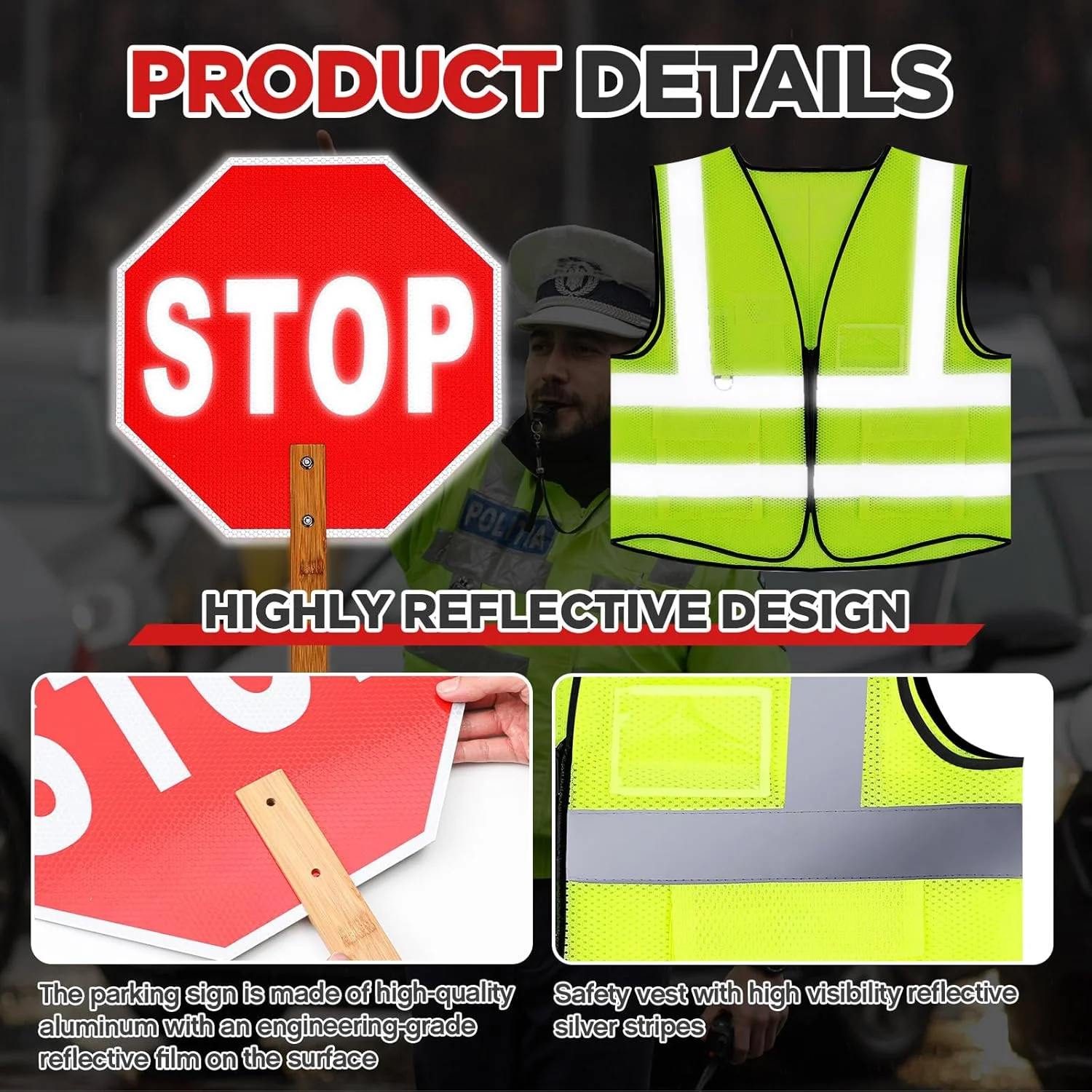 مجموعه 4 عددی شامل تابلوی ایست و حرکت، چوب راهنمایی رانندگی، و جلیقه ایمنی بازتابنده Jeere - تابلوی ایست نگهبان عبور 13 اینچی با دسته، باتوم کنترل ترافیک LED 17 اینچی و جلیقه امنیتی دید بالا برای جاده، فرودگاه و پارکینگ مجموعه 4 عددی شامل تابلوی ایست و حرکت، چوب راهنمایی رانندگی، و جلیقه ایمنی بازتابنده Jeere - تابلوی ایست نگهبان عبور 13 اینچی با دسته، باتوم کنترل ترافیک LED 17 اینچی و جلیقه امنیتی دید بالا برای جاده، فرودگاه و پارکینگ