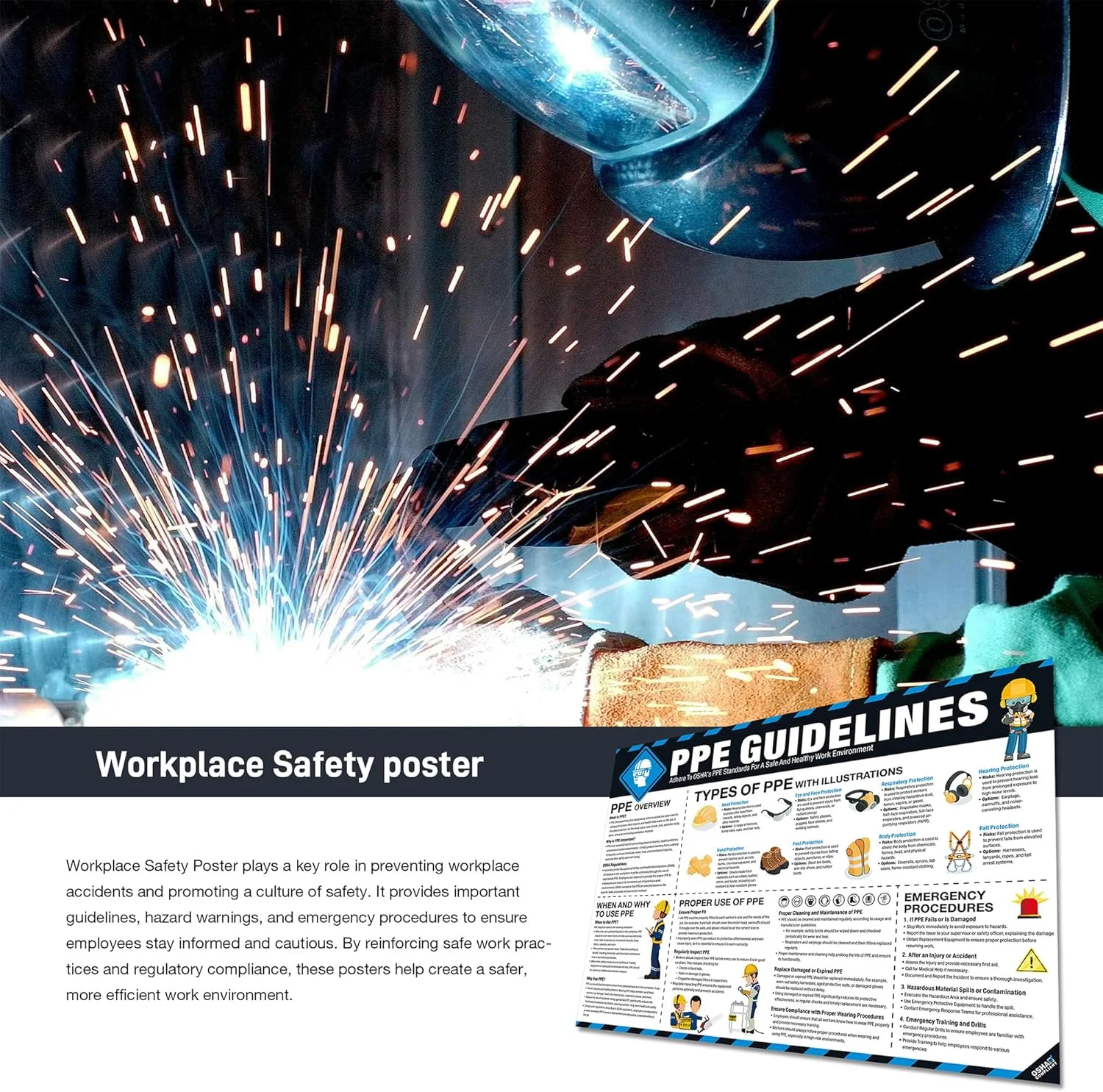 پوستر ایمنی تجهیزات حفاظت فردی (PPE) 45x60 سانتی‌متر، راهنمای تجهیزات حفاظت فردی (PPE) سازگار با OSHA برای محل کار و ساخت و ساز، استفاده از تجهیزات محافظ، علامت ایمنی چشم، گوش و تنفسی مقاوم در برابر پارگی