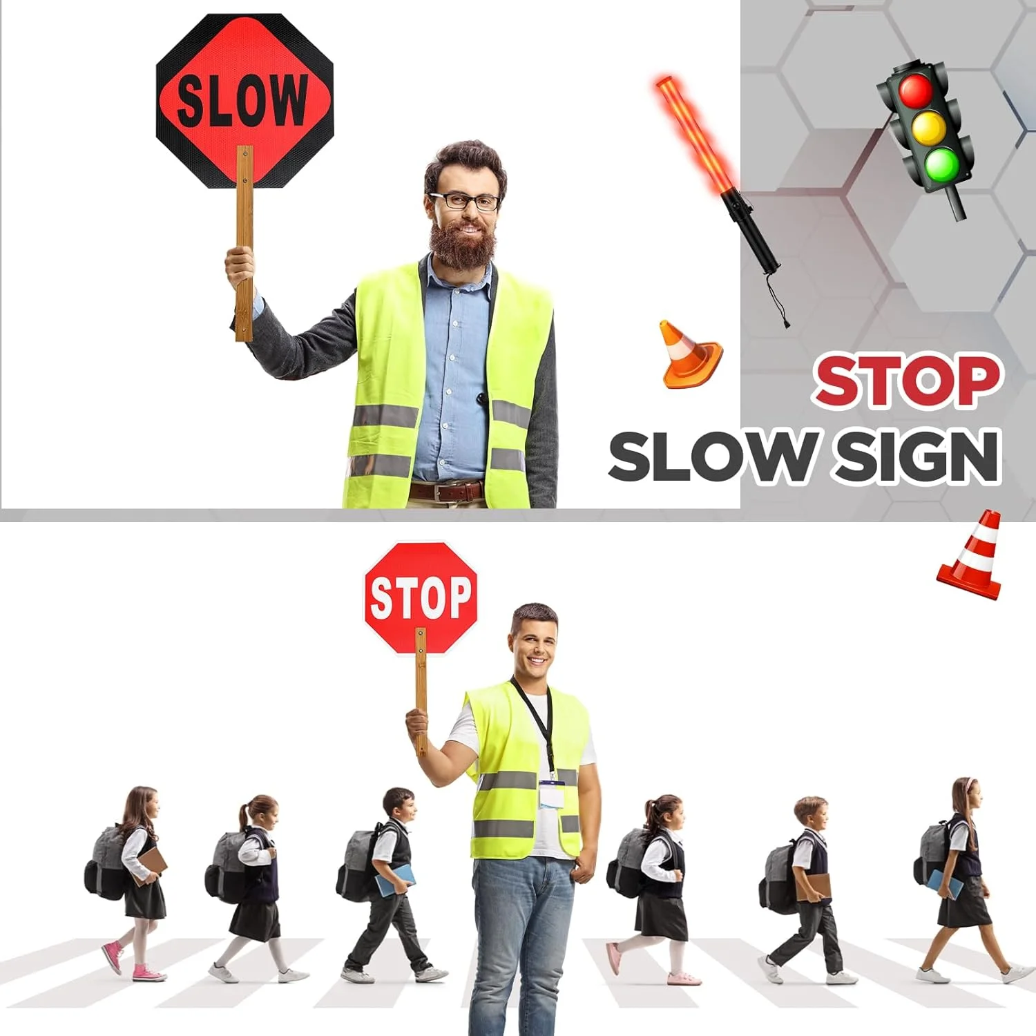 مجموعه 4 عددی شامل تابلوی ایست و حرکت، چوب راهنمایی رانندگی، و جلیقه ایمنی بازتابنده Jeere - تابلوی ایست نگهبان عبور 13 اینچی با دسته، باتوم کنترل ترافیک LED 17 اینچی و جلیقه امنیتی دید بالا برای جاده، فرودگاه و پارکینگ مجموعه 4 عددی شامل تابلوی ایست و حرکت، چوب راهنمایی رانندگی، و جلیقه ایمنی بازتابنده Jeere - تابلوی ایست نگهبان عبور 13 اینچی با دسته، باتوم کنترل ترافیک LED 17 اینچی و جلیقه امنیتی دید بالا برای جاده، فرودگاه و پارکینگ