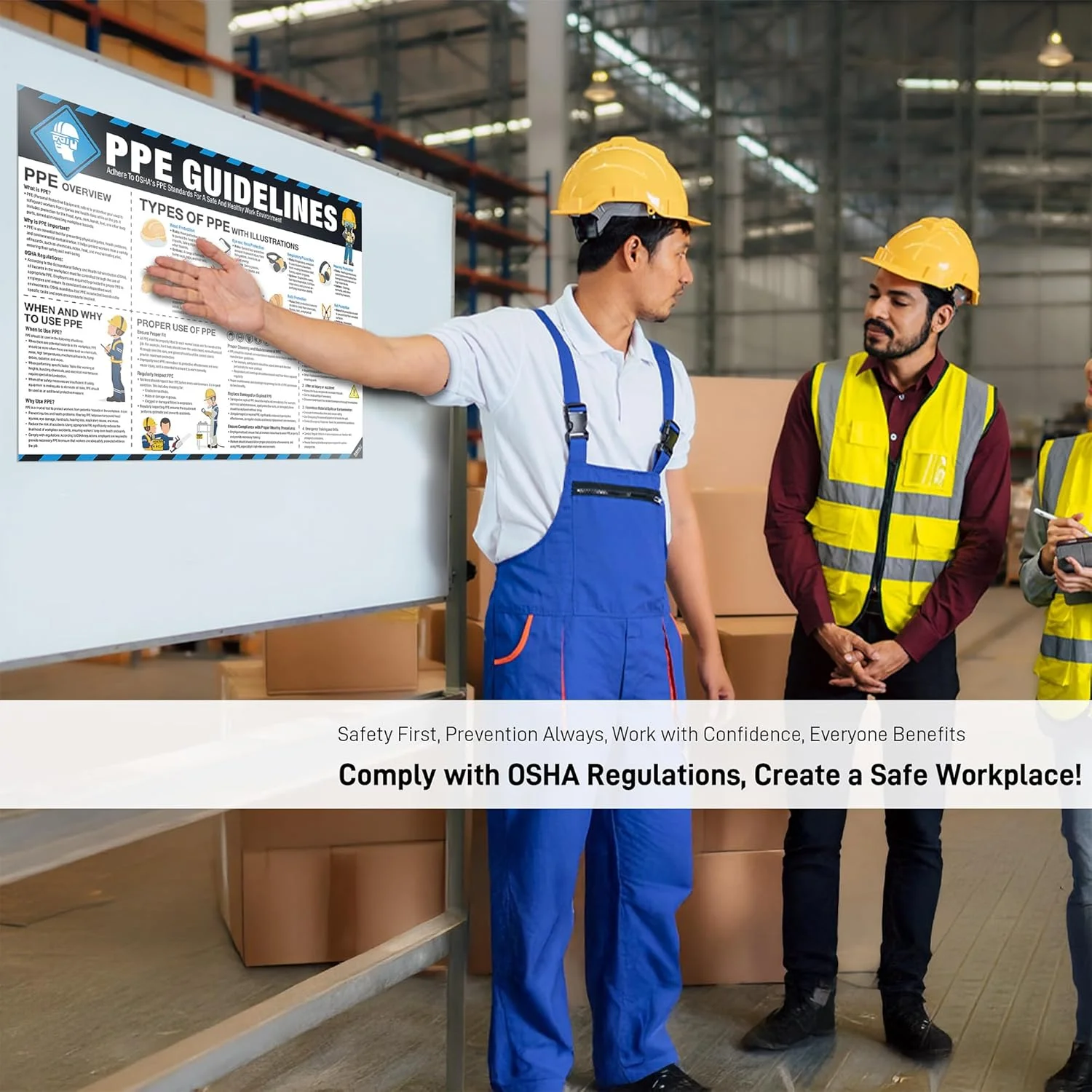 پوستر ایمنی تجهیزات حفاظت فردی (PPE) 45x60 سانتی‌متر، راهنمای تجهیزات حفاظت فردی (PPE) سازگار با OSHA برای محل کار و ساخت و ساز، استفاده از تجهیزات محافظ، علامت ایمنی چشم، گوش و تنفسی مقاوم در برابر پارگی