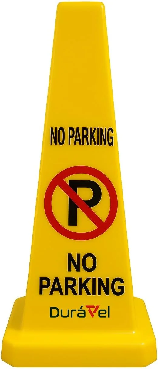 مخروط ایمنی توقف ممنوع Duravel، مخروط ترافیکی زرد با علامت هشدار، ساختار سنگین، دید بالا، تابلوی پارکینگ ایمنی بادوام با نمای 4 طرفه (زرد روشن)