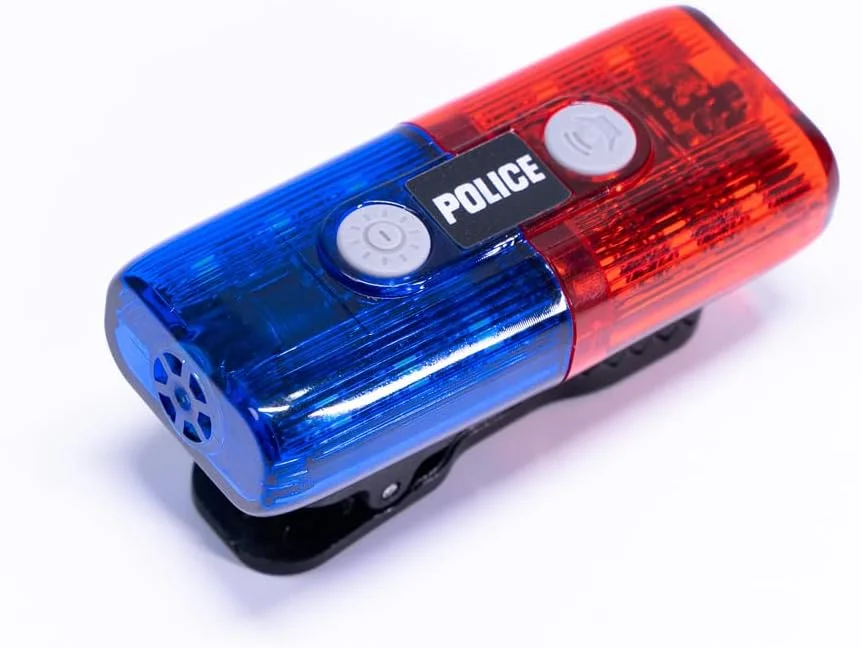 چراغ هشدار دهنده شخصی پلیس با گیره، چراغ شانه ای با سوت الکترونیکی، چراغ قوه و آهنربا برای نجات در فضای باز، راهنمایی ترافیک، گشت های پلیس، دوچرخه سواری، دویدن در شب، ایفای نقش (قرمز/آبی)