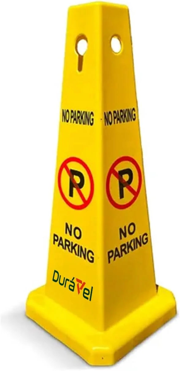مخروط ایمنی توقف ممنوع Duravel، مخروط ترافیکی زرد با علامت هشدار، ساختار سنگین، دید بالا، تابلوی پارکینگ ایمنی بادوام با نمای 4 طرفه (زرد روشن)
