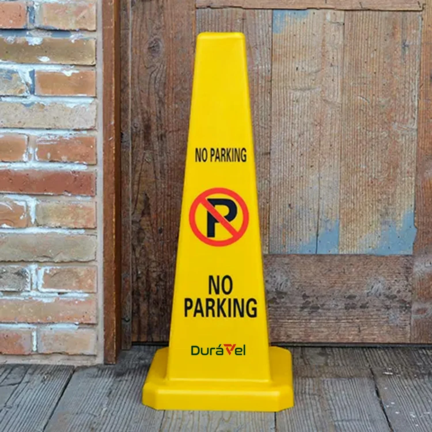 مخروط ایمنی توقف ممنوع Duravel، مخروط ترافیکی زرد با علامت هشدار، ساختار سنگین، دید بالا، تابلوی پارکینگ ایمنی بادوام با نمای 4 طرفه (زرد روشن)