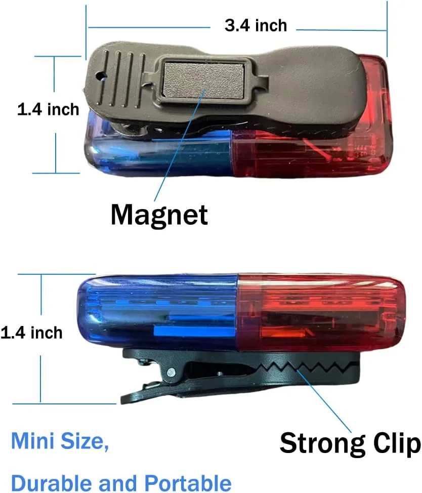 چراغ هشدار دهنده شخصی پلیس با گیره، چراغ شانه ای با سوت الکترونیکی، چراغ قوه و آهنربا برای نجات در فضای باز، راهنمایی ترافیک، گشت های پلیس، دوچرخه سواری، دویدن در شب، ایفای نقش (قرمز/آبی)