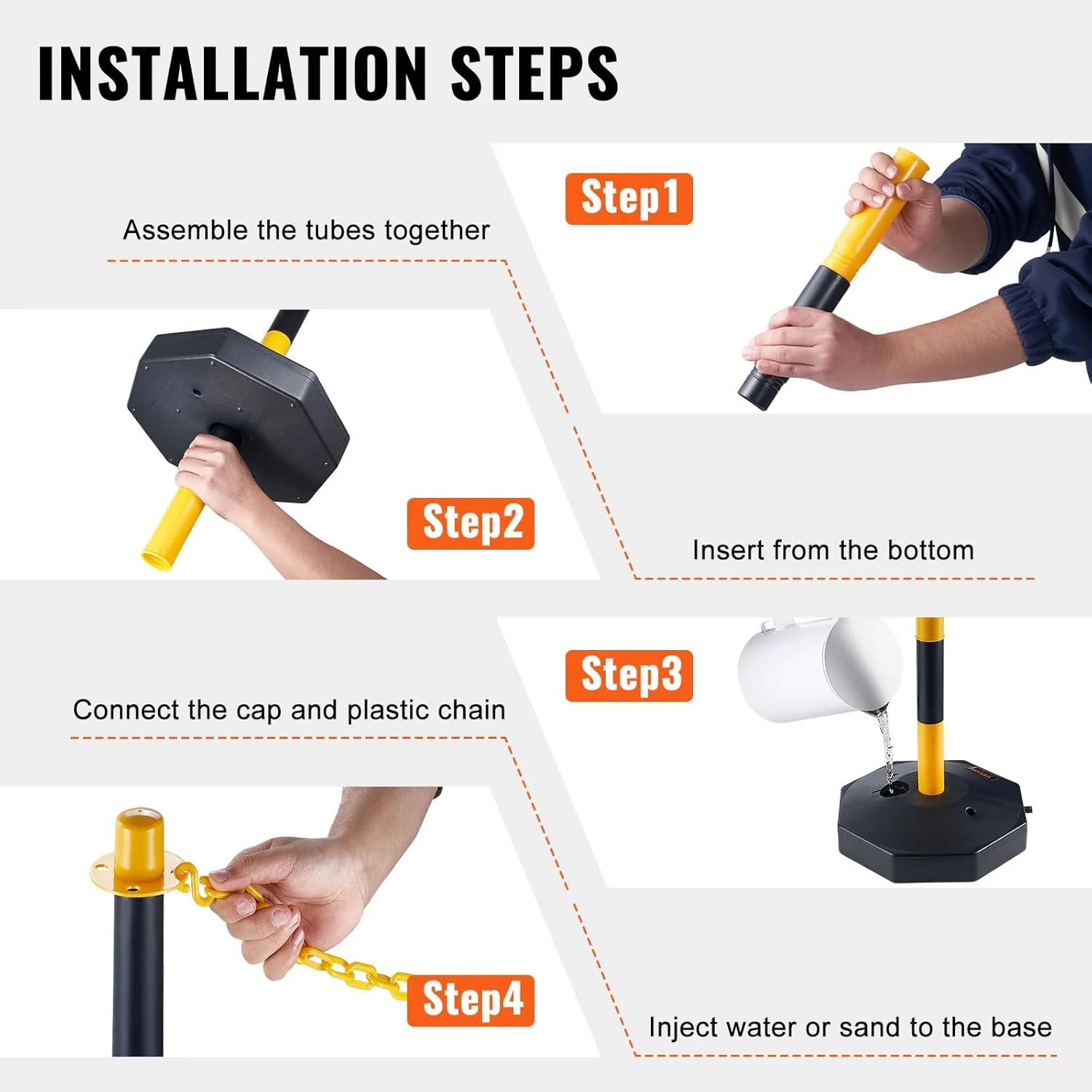 مخروط های جداکننده ترافیک قابل تنظیم VEVOR، بسته 4 عددی، مانع جداکننده ایمنی ترافیک با پایه پر کردنی و زنجیر 2.5 متری، برای هشدار کنترل ترافیک، ساخت پارکینگ، جاده ها، زرد و مشکی