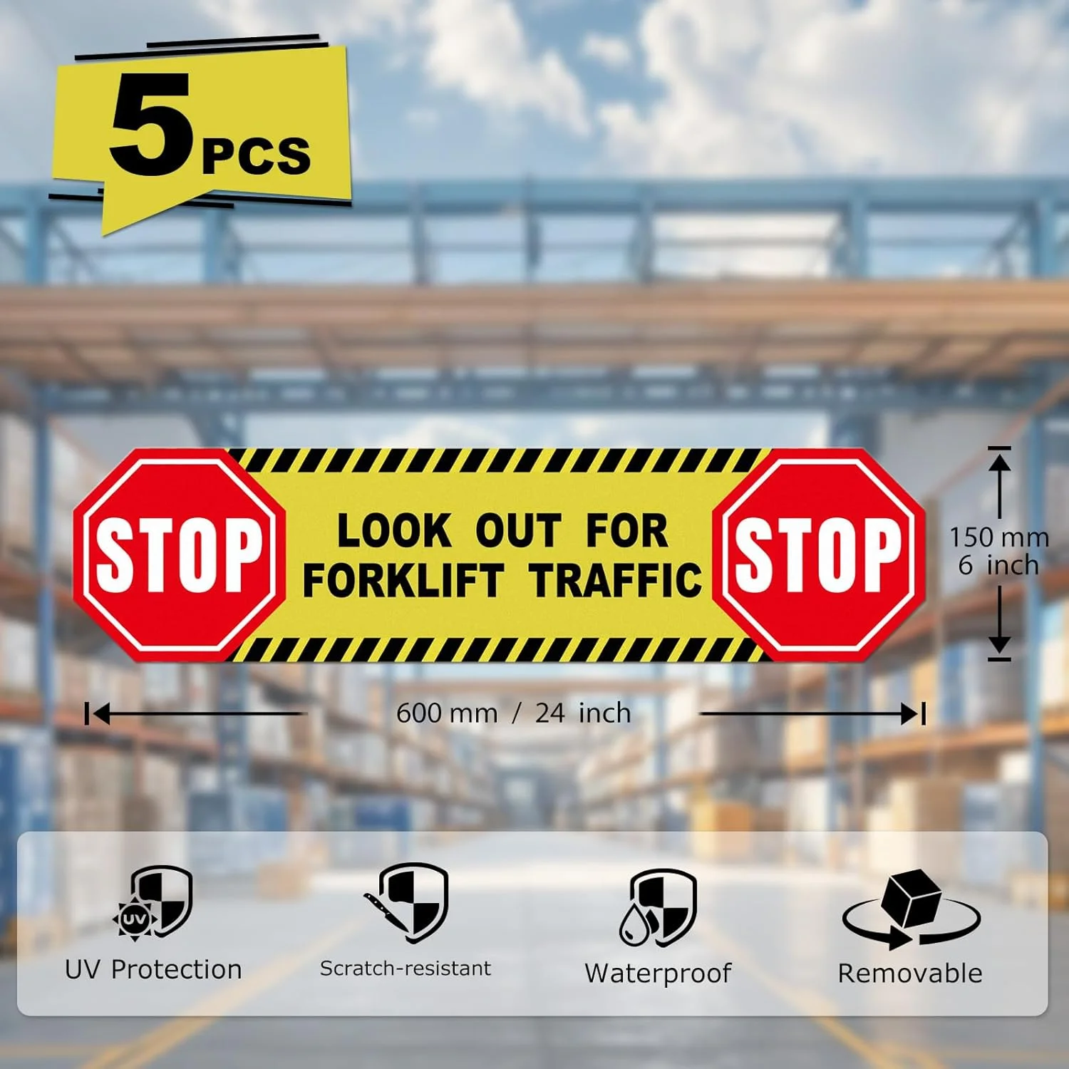 برچسب کف زمین احتیاط ترافیک لیفتراک YIKIADA، بسته 5 عددی، 6 × 24 اینچ، علامت هشدار ایمنی، وینیل خود چسب ضد آب برای کارگاه ساختمانی، انبار، محل کار