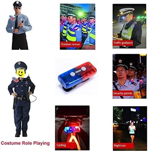 چراغ هشدار دهنده شخصی پلیس با گیره، چراغ شانه ای با سوت الکترونیکی، چراغ قوه و آهنربا برای نجات در فضای باز، راهنمایی ترافیک، گشت های پلیس، دوچرخه سواری، دویدن در شب، ایفای نقش (قرمز/آبی)