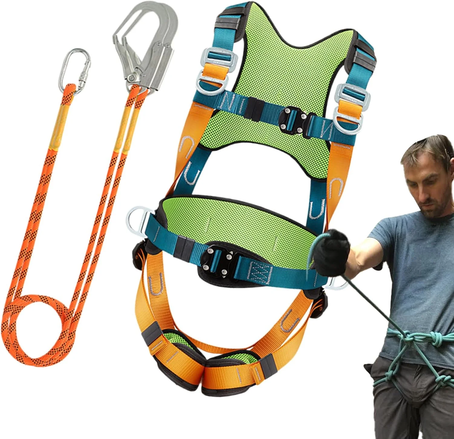 هارنس ایمنی برای ساخت و ساز، هارنس طناب محافظت در برابر سقوط - طناب جاذب شوک، کمربند پشتیبانی پد کمر راحت، تجهیزات فضای باز برای کوهنوردی، پیاده روی، کار در ارتفاع