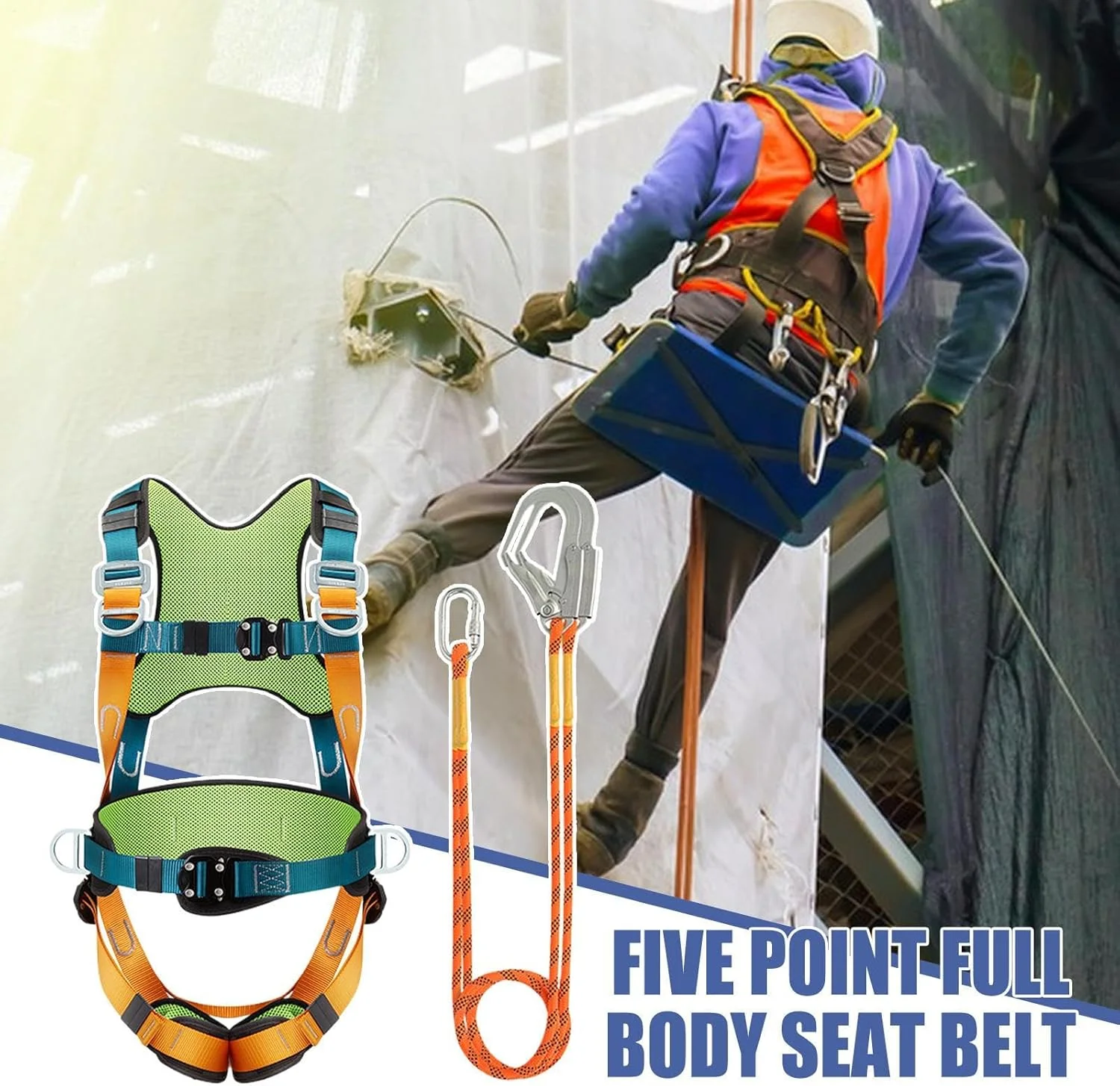 هارنس ایمنی برای ساخت و ساز، هارنس طناب محافظت در برابر سقوط - طناب جاذب شوک، کمربند پشتیبانی پد کمر راحت، تجهیزات فضای باز برای کوهنوردی، پیاده روی، کار در ارتفاع