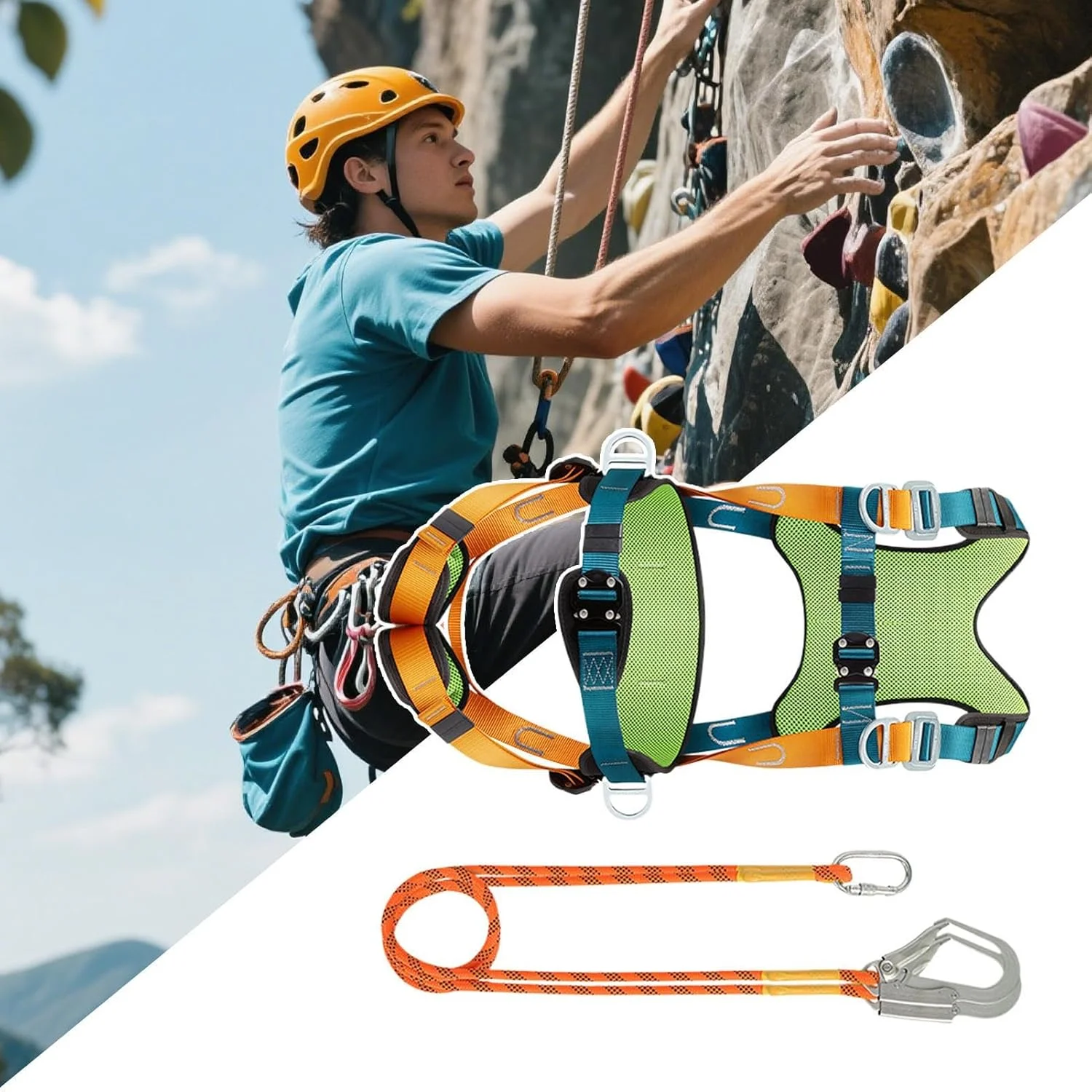 هارنس ایمنی برای ساخت و ساز، هارنس طناب محافظت در برابر سقوط - طناب جاذب شوک، کمربند پشتیبانی پد کمر راحت، تجهیزات فضای باز برای کوهنوردی، پیاده روی، کار در ارتفاع