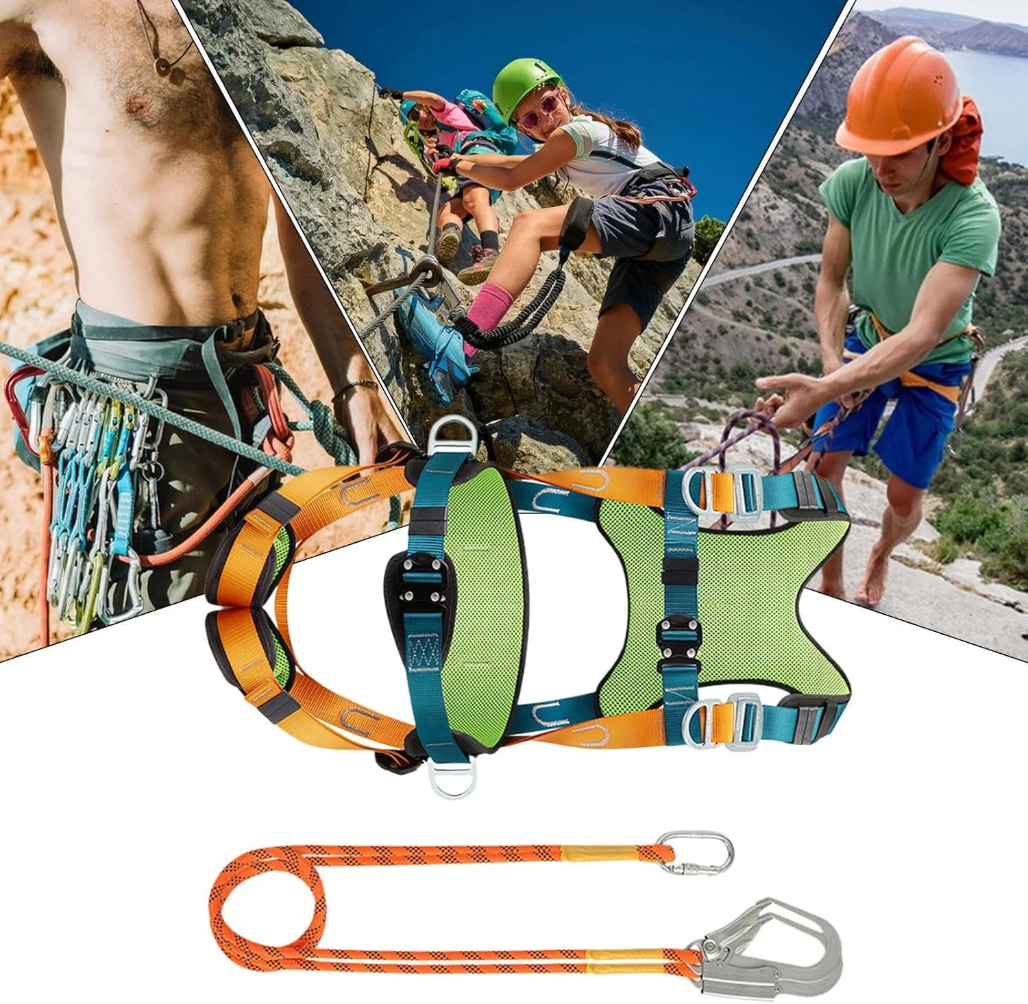 هارنس ایمنی برای ساخت و ساز، هارنس طناب محافظت در برابر سقوط - طناب جاذب شوک، کمربند پشتیبانی پد کمر راحت، تجهیزات فضای باز برای کوهنوردی، پیاده روی، کار در ارتفاع