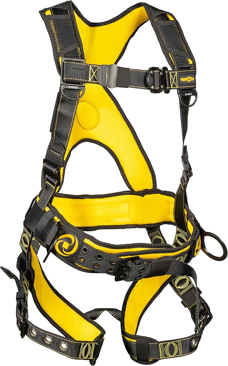 هارنس ساختمانی Guardian Fall Protection 21030 Cyclone با سگک سینه QC / بندهای پا TB / کمربند کمر TB / حلقه های D جانبی، مشکی/زرد