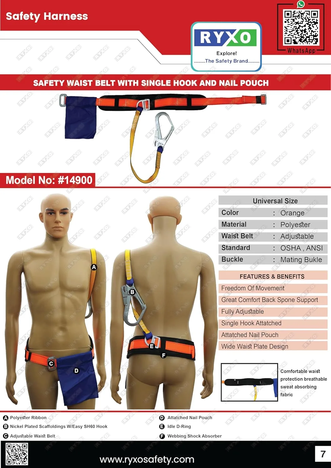 SAFETY HARNESS | SAFETY WAIST BELT WITH SINGLE HOOK AND NAIL POUCH | FALL PROTECTION | ORANGE |ADJUSTABLE WAIST BELT |MATING BUCKLE |BACK SPONGE SUPPORT |CLEARWAY - RYXO SAFETY