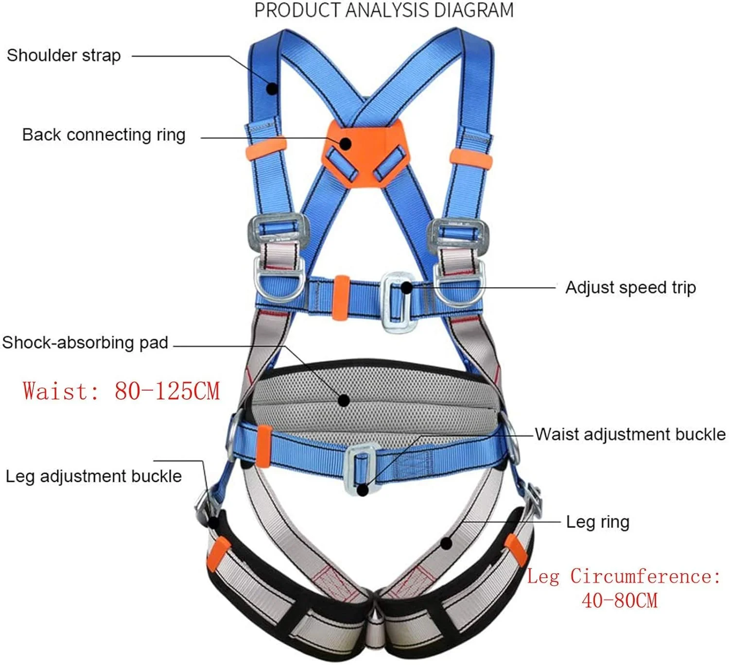 هارنس ایمنی تمام بدن FBITE، تجهیزات حفاظت فردی قابل حمل، کمربند ایمنی 5 نقطه ای برای کارهای تعمیر و نگهداری، سگک بزرگ 1.2 متری، تک طناب (سایز: طناب دوبل)