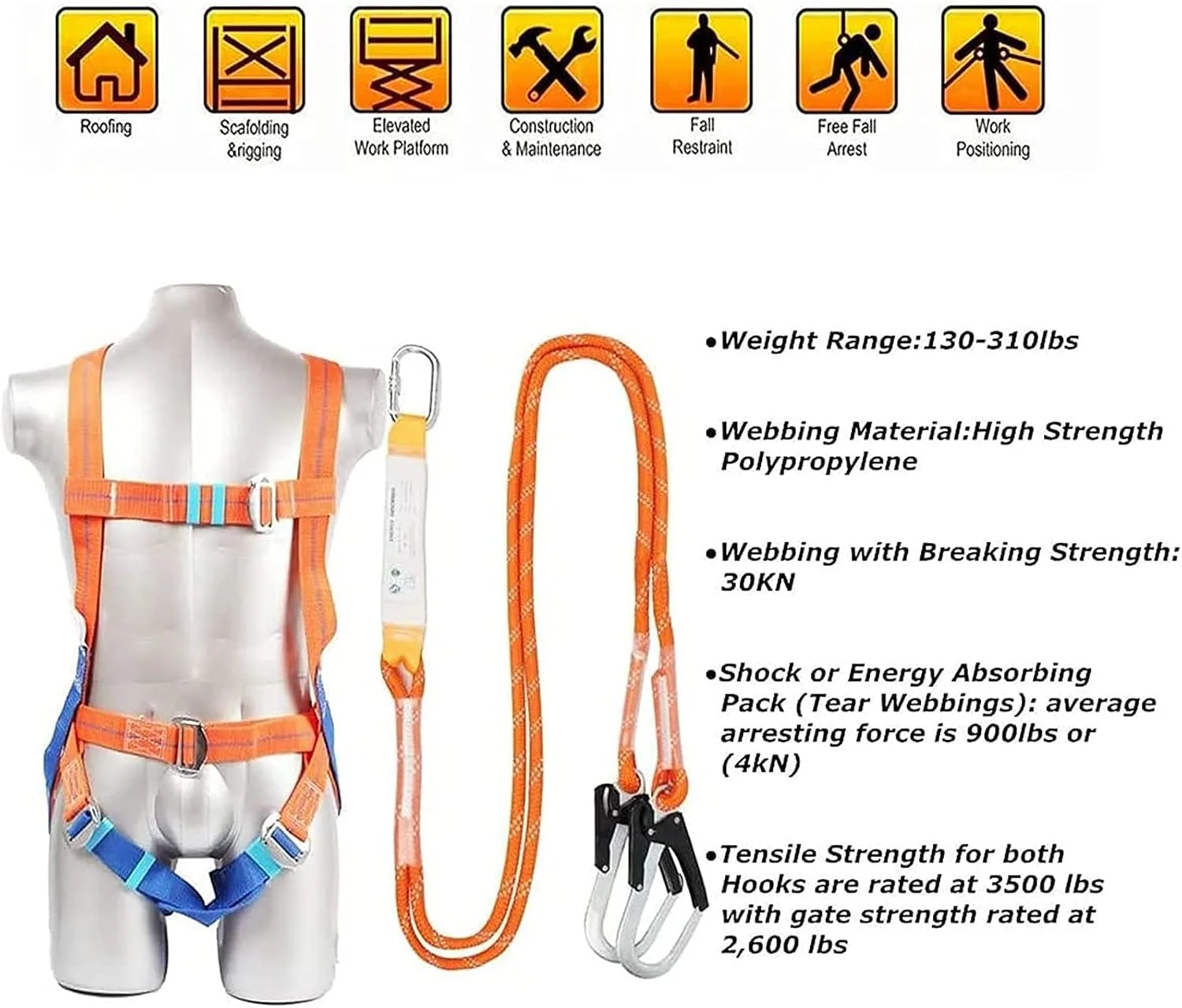 هارنس ایمنی محافظت در برابر سقوط، هارنس ایمنی تمام بدن با کمربند قابل تنظیم با قلاب تجهیزات ضد سقوط برای کار در فضای باز و هوانوردی