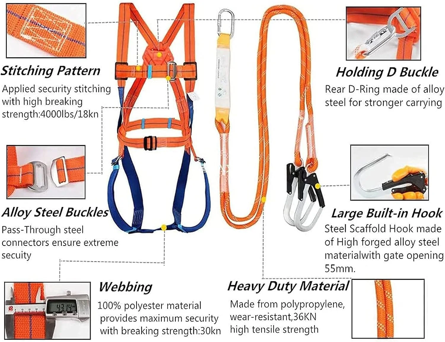 هارنس ایمنی محافظت در برابر سقوط، هارنس ایمنی تمام بدن با کمربند قابل تنظیم با قلاب تجهیزات ضد سقوط برای کار در فضای باز و هوانوردی