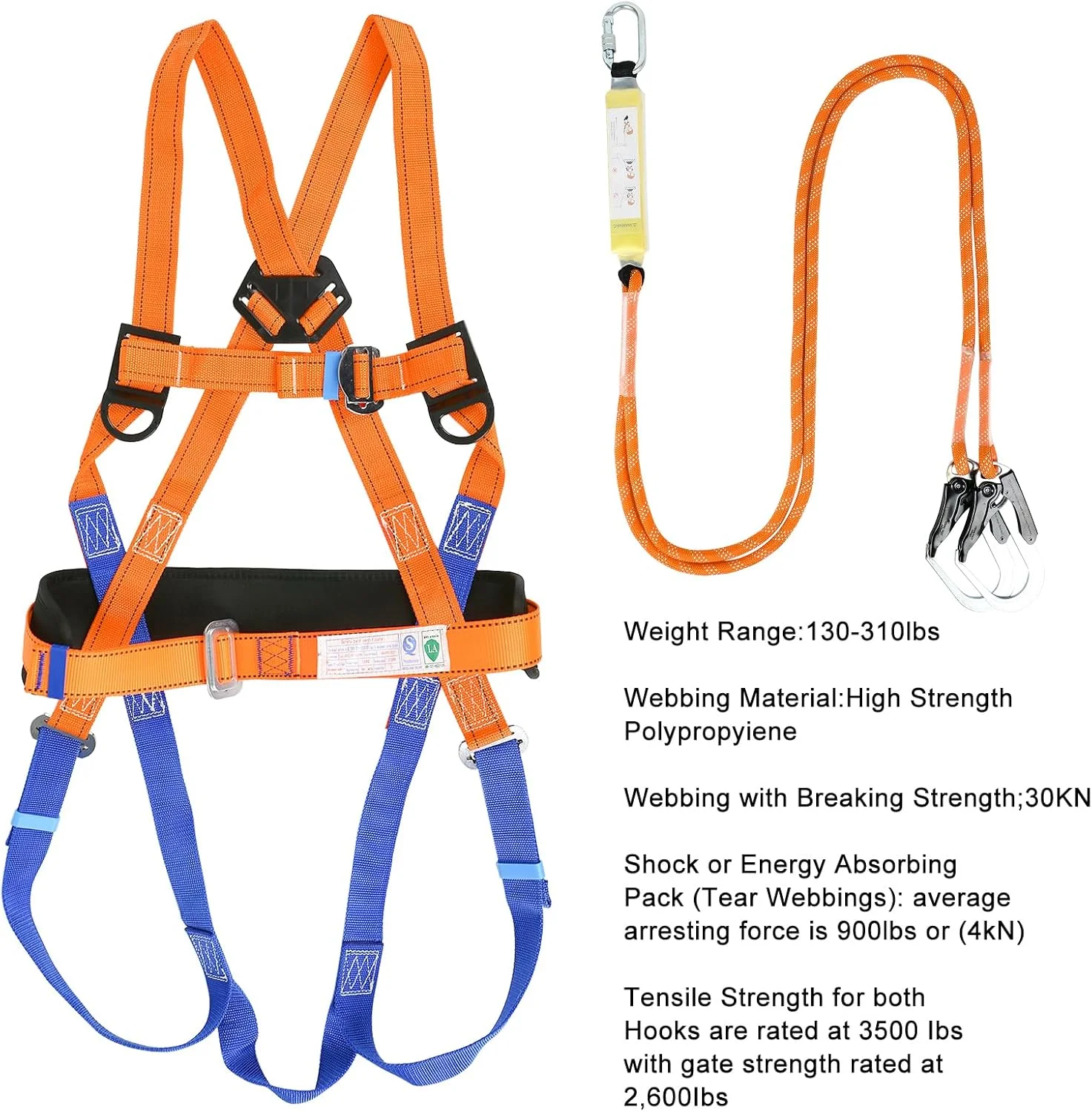 کیت مهار ایمنی Btstil با طناب، مهار ایمنی حفاظت در برابر سقوط، کمربند ایمنی پنج نقطه ای برای عملیات در ارتفاع با قلاب بزرگ دوبل و بافر طناب ایمنی