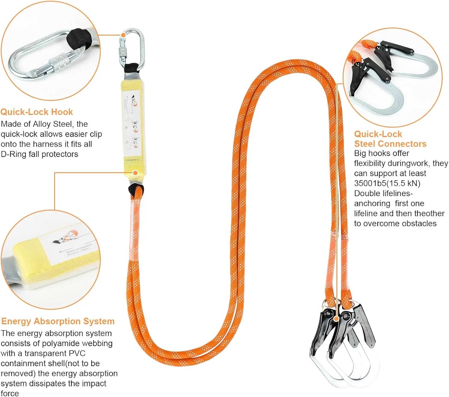 کیت مهار ایمنی Btstil با طناب، مهار ایمنی حفاظت در برابر سقوط، کمربند ایمنی پنج نقطه ای برای عملیات در ارتفاع با قلاب بزرگ دوبل و بافر طناب ایمنی