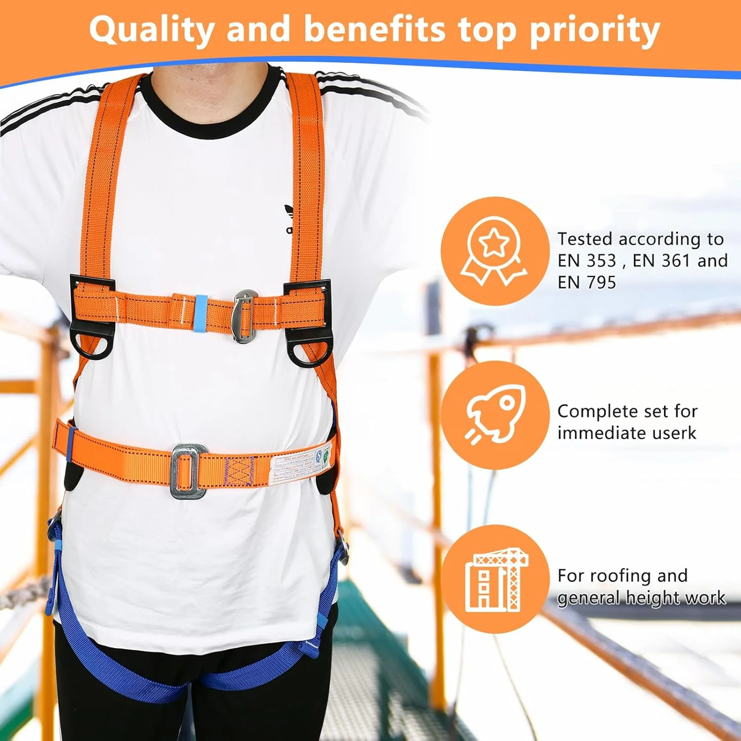 کیت مهار ایمنی Btstil با طناب، مهار ایمنی حفاظت در برابر سقوط، کمربند ایمنی پنج نقطه ای برای عملیات در ارتفاع با قلاب بزرگ دوبل و بافر طناب ایمنی