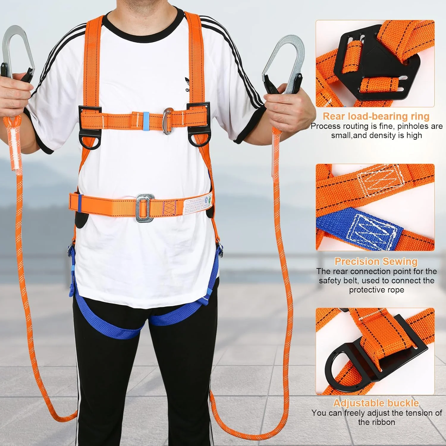 کیت مهار ایمنی Btstil با طناب، مهار ایمنی حفاظت در برابر سقوط، کمربند ایمنی پنج نقطه ای برای عملیات در ارتفاع با قلاب بزرگ دوبل و بافر طناب ایمنی