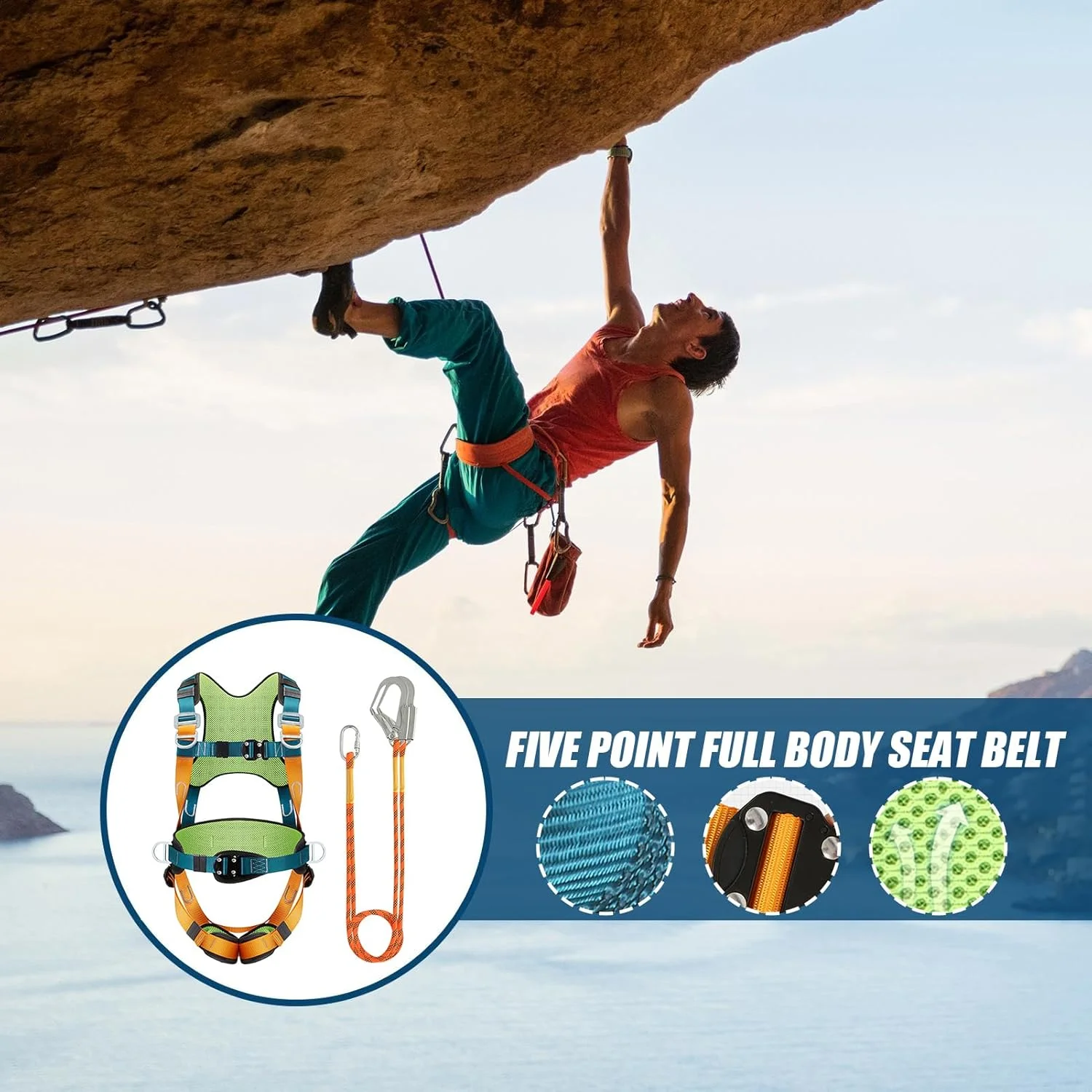 هارنس ایمنی برای ساخت و ساز - کمربند ایمنی هارنس سقفی - بند ایمنی جاذب ضربه، کمربند پشتیبانی پد کمری راحت، تجهیزات فضای باز برای کوهنوردی، پیاده روی، کار در سقف