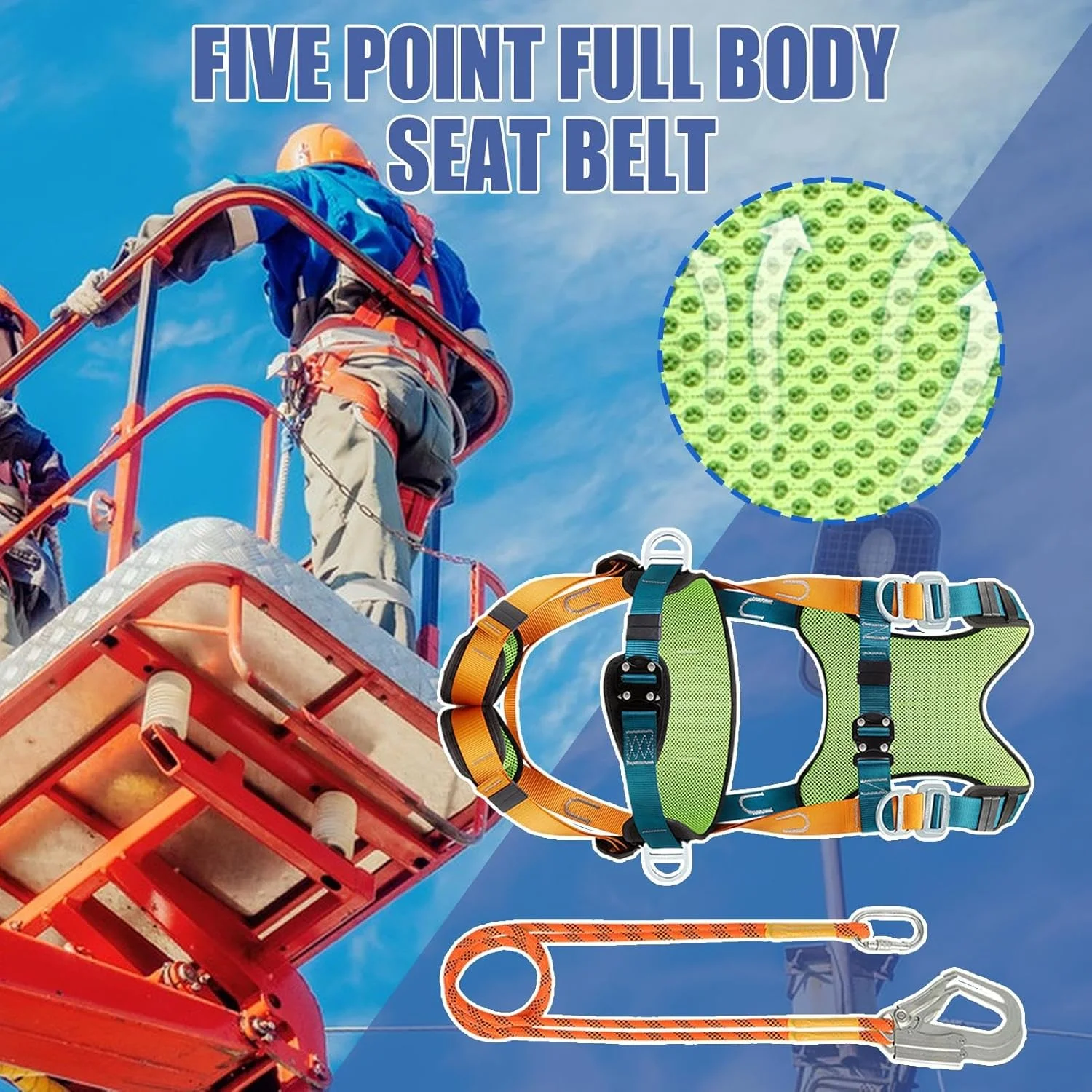 هارنس ایمنی برای ساخت و ساز - کمربند ایمنی هارنس سقفی - بند ایمنی جاذب ضربه، کمربند پشتیبانی پد کمری راحت، تجهیزات فضای باز برای کوهنوردی، پیاده روی، کار در سقف