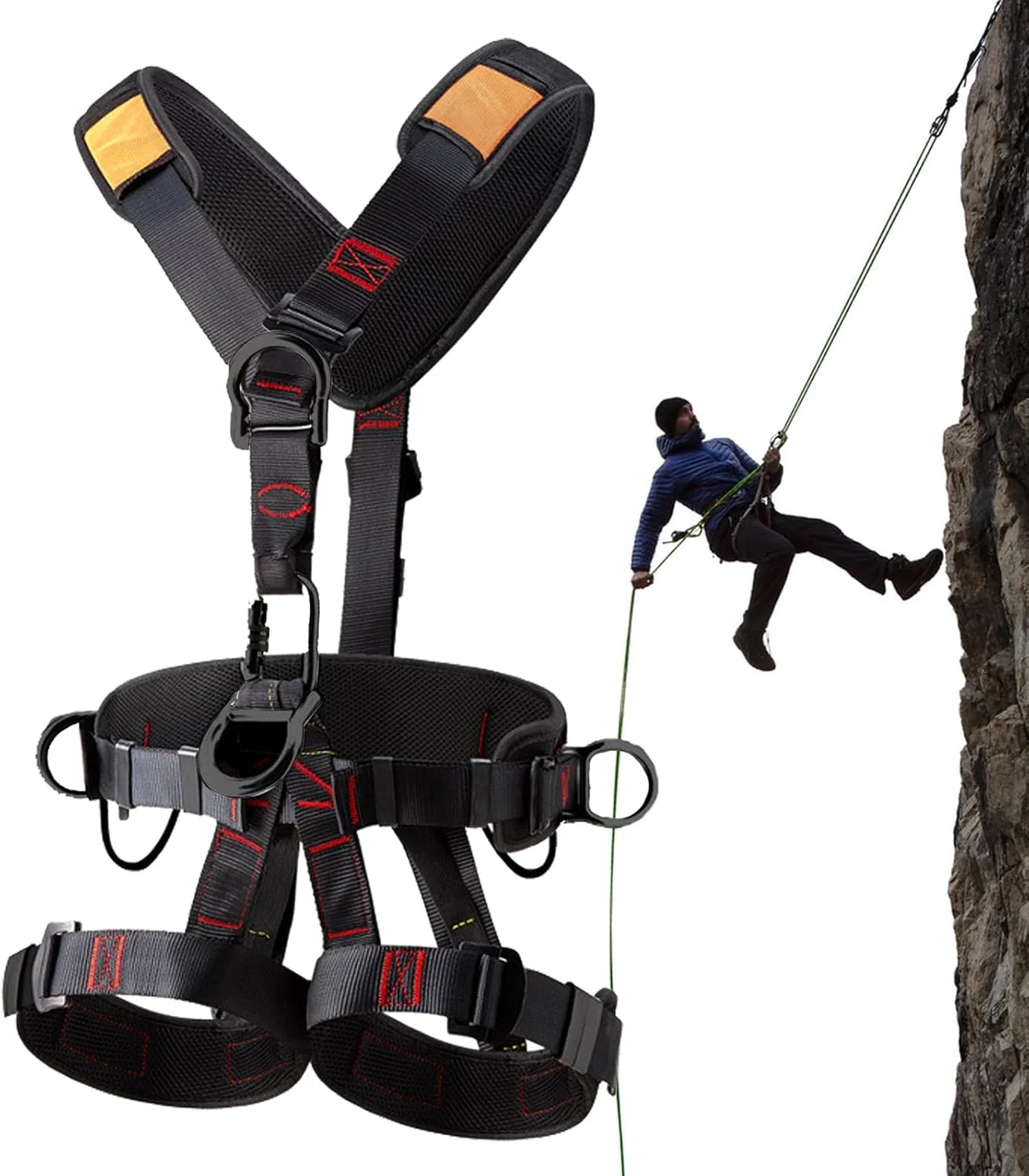 کیت ایمنی سقوط از ارتفاع، کمربند ایمنی 5 نقطه ای محافظت در برابر سقوط، کمربند کمری قابل تنظیم، هارنس کوهنوردی، بند محافظت در برابر سقوط چند منظوره برای کار در ارتفاع، کوهنوردی، تحمل بار 90 کیلوگرم