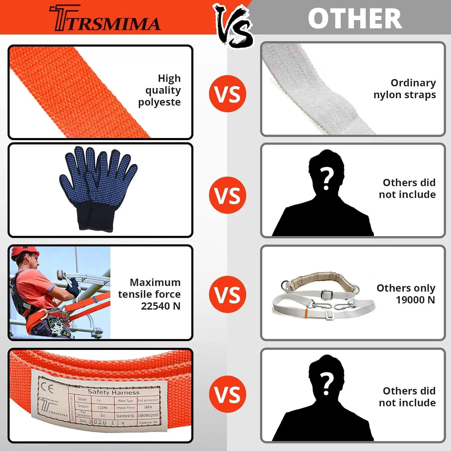 کمربند ایمنی TT TRSMIMA با طناب قابل تنظیم - هارنس کمربند صعود درخت - طناب ایمنی محافظت در برابر سقوط - طناب صعود درخت، هارنس ایمنی نردبان به همراه دستکش ورزشی